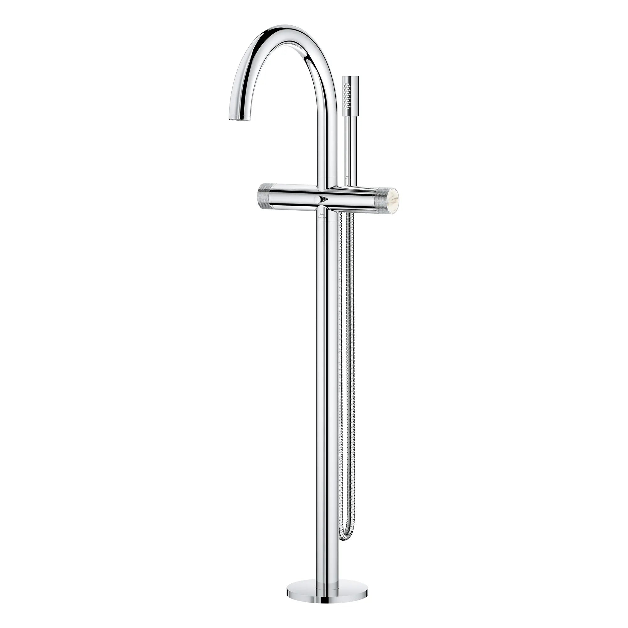 Atrio Private Collection 2-Handle Free Standing Tub Filler with Knob Handles, with 1.75 GPM Hand Shower // GROHE STARLIGHT CHROME // 277476_Atrio_PC_SiloLeft_1057720000_48460000_0001_July2025_0_CDNwebp.webp