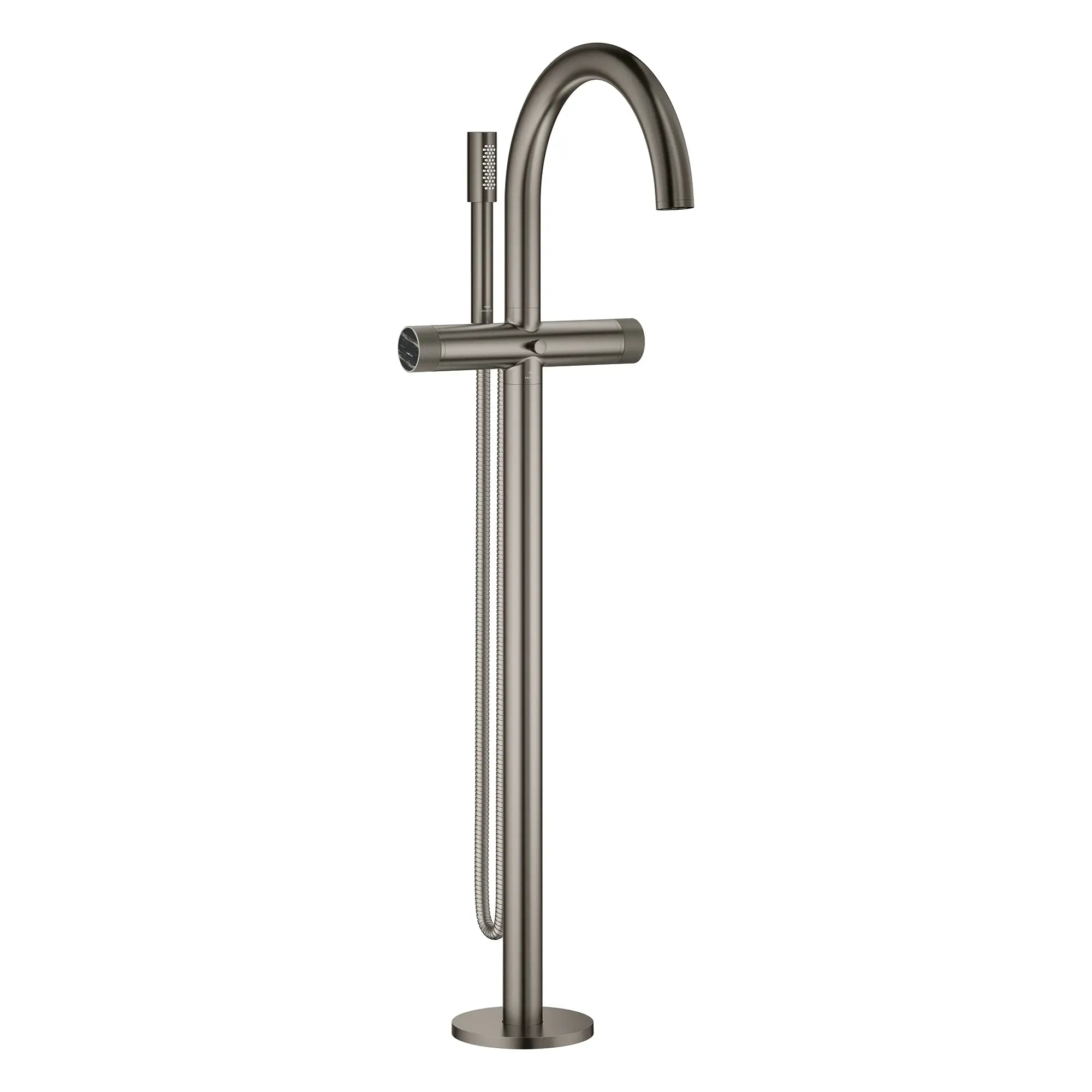 Atrio Private Collection 2-Handle Free Standing Tub Filler with Knob Handles, with 1.75 GPM Hand Shower // BRUSHED HARD GRAPHITE // 277488_Atrio_PC_SiloRight_105772AL0_46461000_0001_July2025_0_CDNwebp.webp