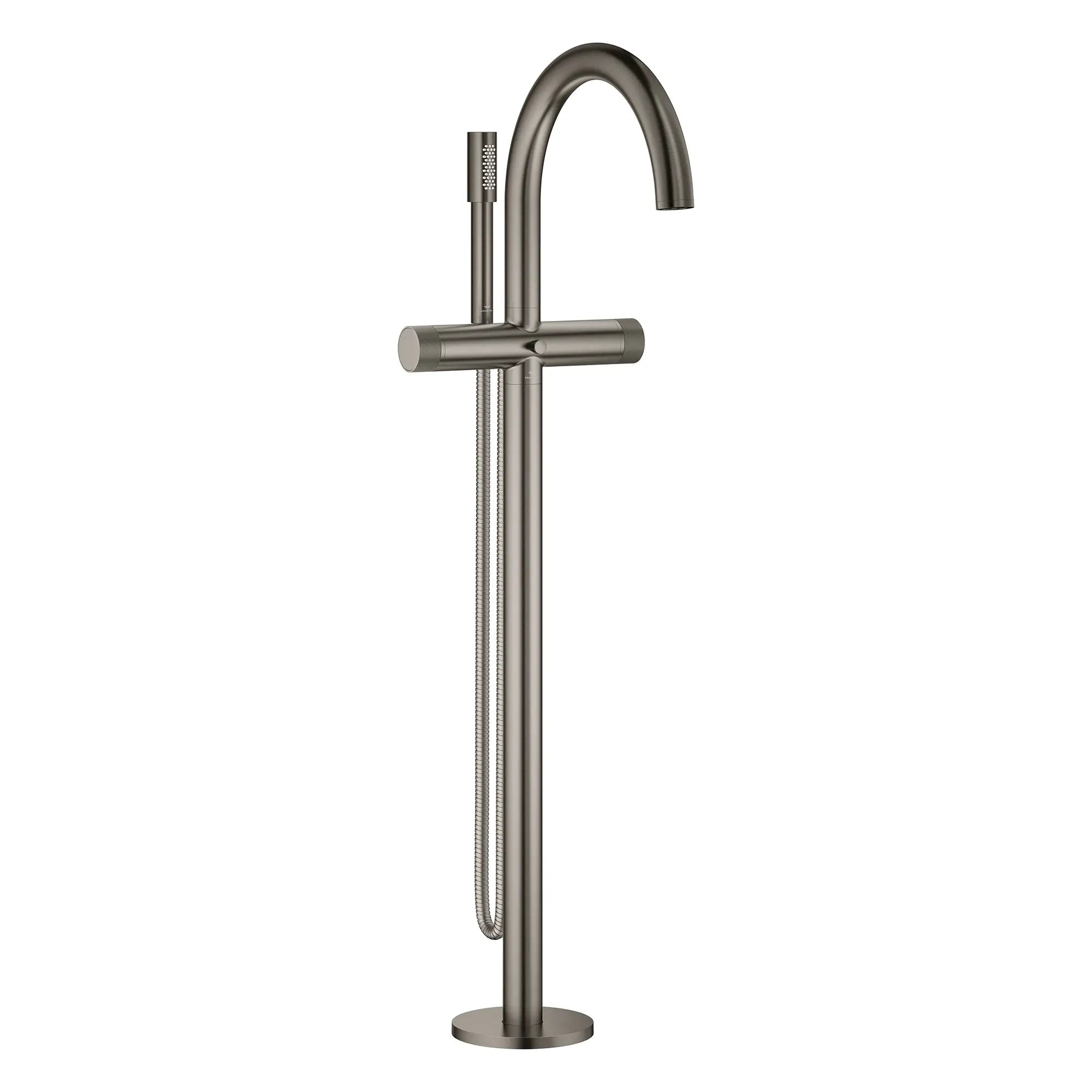 Atrio Private Collection 2-Handle Free Standing Tub Filler with Knob Handles, with 1.75 GPM Hand Shower // BRUSHED HARD GRAPHITE // 277489_Atrio_PC_SiloRight_105772AL0_0001_July2025_0_CDNwebp.webp