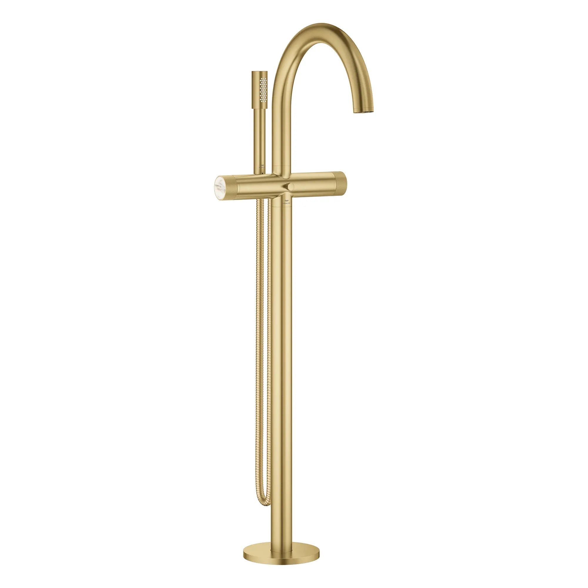 Atrio Private Collection 2-Handle Free Standing Tub Filler with Knob Handles, with 1.75 GPM Hand Shower // BRUSHED COOL SUNRISE // 277493_Atrio_PC_SiloRight_105772GN0_48460000_0001_July2025_0_CDNwebp.webp