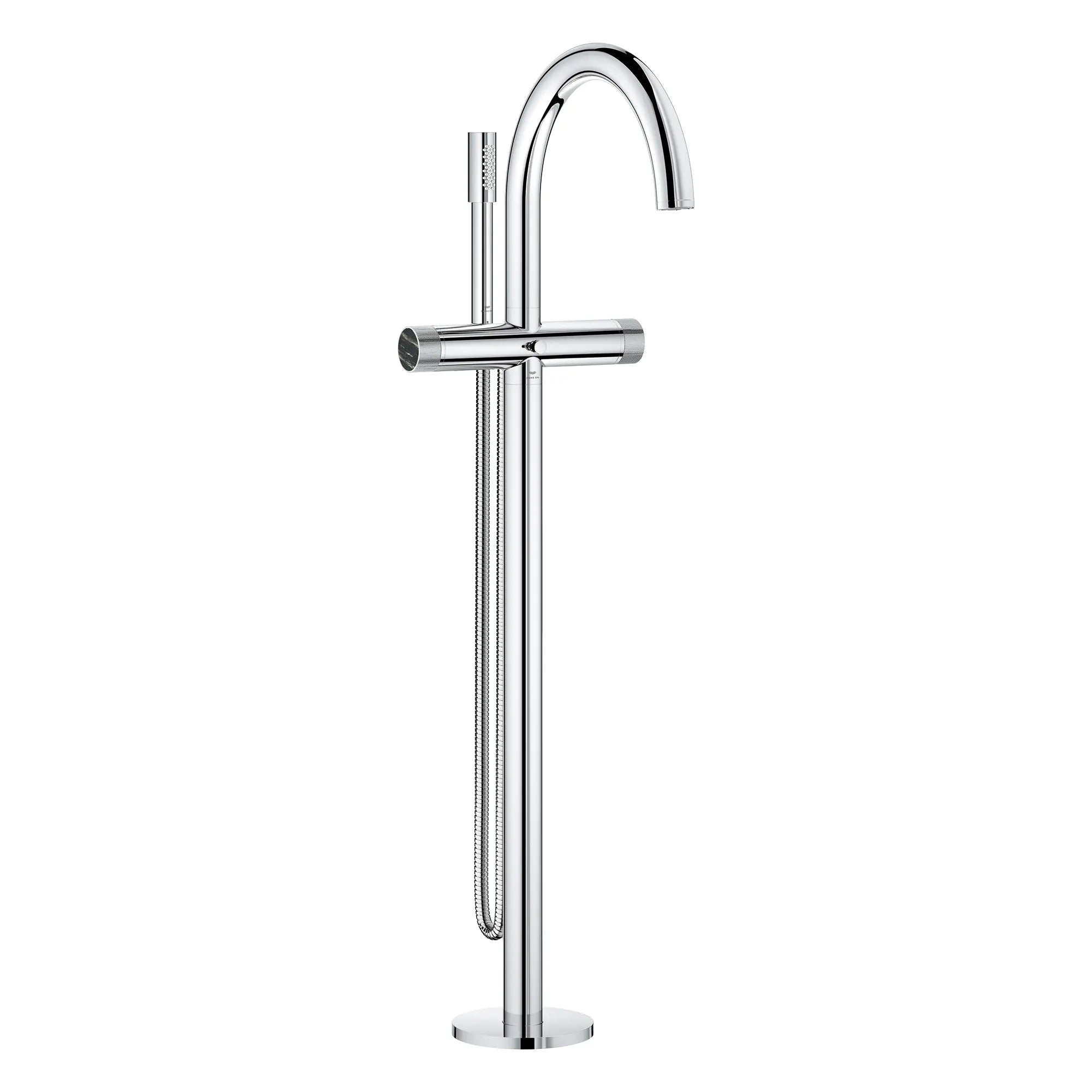 Atrio Private Collection 2-Handle Free Standing Tub Filler with Knob Handles, with 1.75 GPM Hand Shower // GROHE STARLIGHT CHROME // 277500_Atrio_PC_SiloRight_1057720000_46461000_0001_July2025_0_CDNwebp.webp