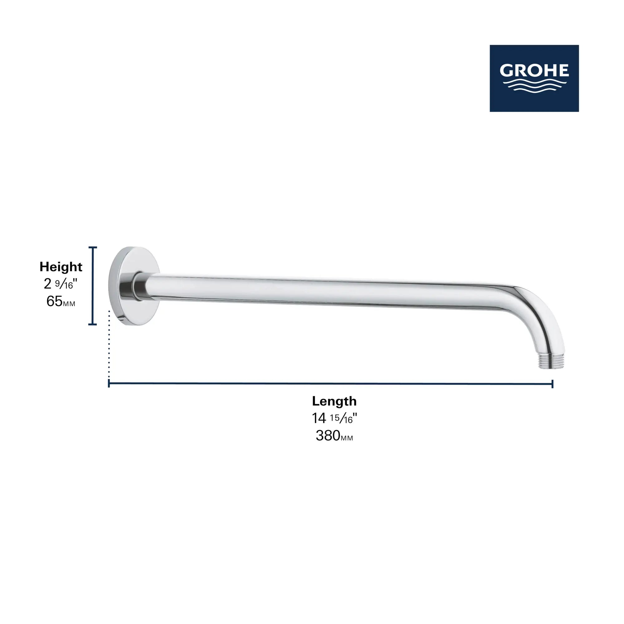 Rainshower 15" Round Shower Arm // GROHE STARLIGHT CHROME // 278641_Rainshower_Infographic_285400_0001_NOV2025_1_CDNwebp.webp