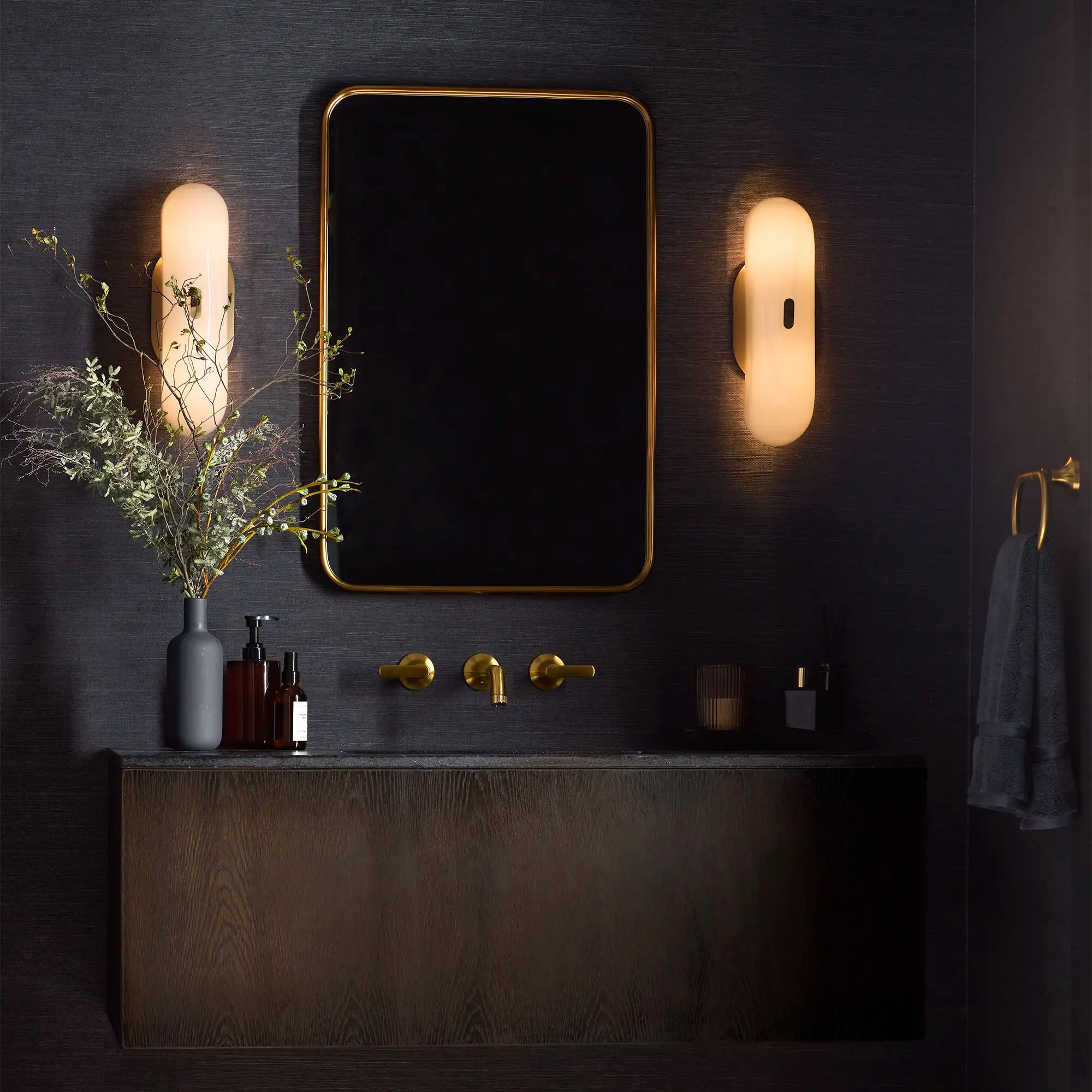 Listra Wall Mount Widespread Bathroom Faucet, 1.2gpm (4.5L/min) // BRUSHED COOL SUNRISE // 278875_Listra_EnvironmentCloseUp_106216GN00_106257GN00_0002_November2025_0_CDNwebp.webp