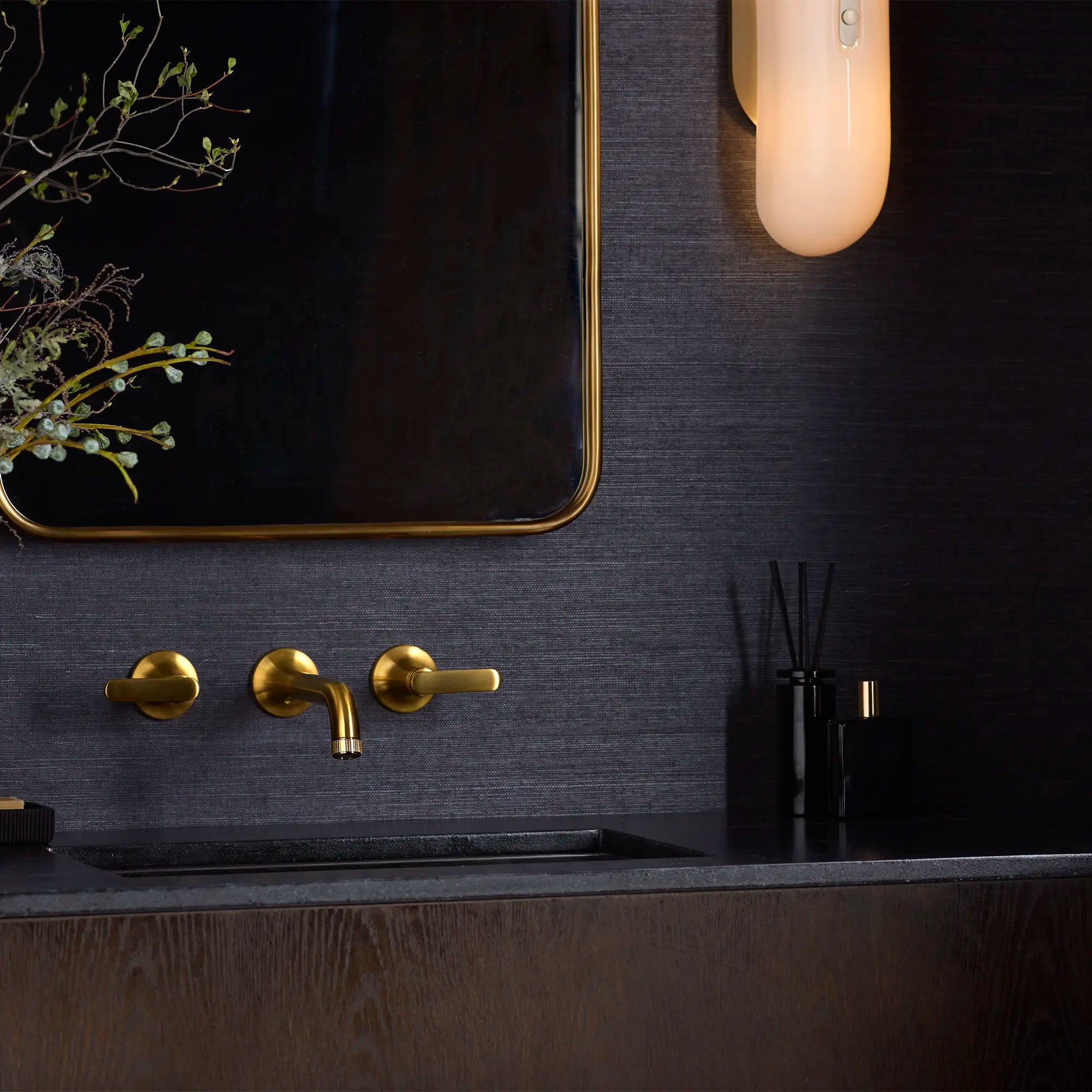 Listra Wall Mount Widespread Bathroom Faucet, 1.2gpm (4.5L/min) // BRUSHED COOL SUNRISE // 278877_Listra_EnvironmentCloseUp_106216GN00_106257GN00_0003_November2025_0_CDNwebp.webp