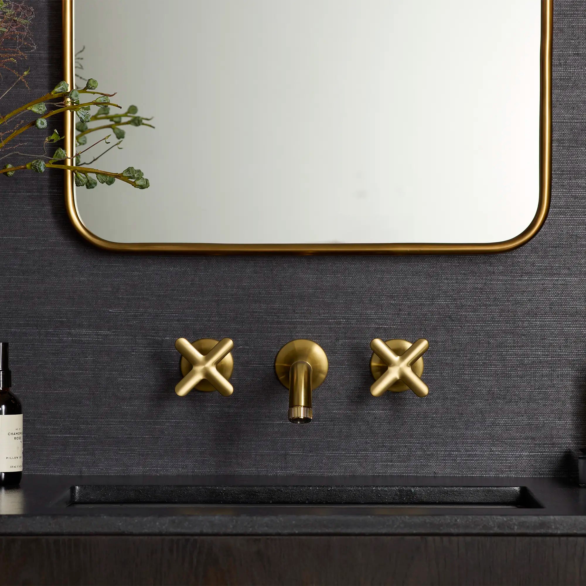 Listra Wall Mount Widespread Bathroom Faucet, 1.2gpm (4.5L/min) // BRUSHED COOL SUNRISE // 278943_Listra_EnvironmentCloseUp_106216GN00_106238GN00_0001_November2025_0_CDNwebp.webp