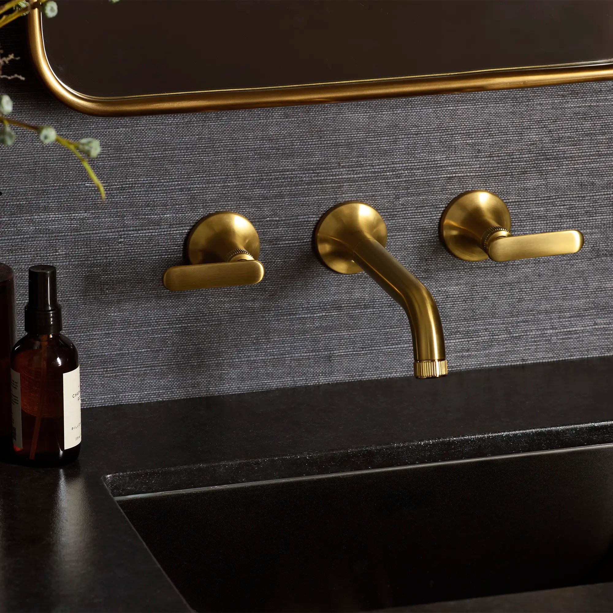 Listra Wall Mount Widespread Bathroom Faucet, 1.2gpm (4.5L/min) // BRUSHED COOL SUNRISE // 278945_Listra_EnvironmentCloseUp_106216GN00_106257GN00_0001_November2025_0_CDNwebp.webp