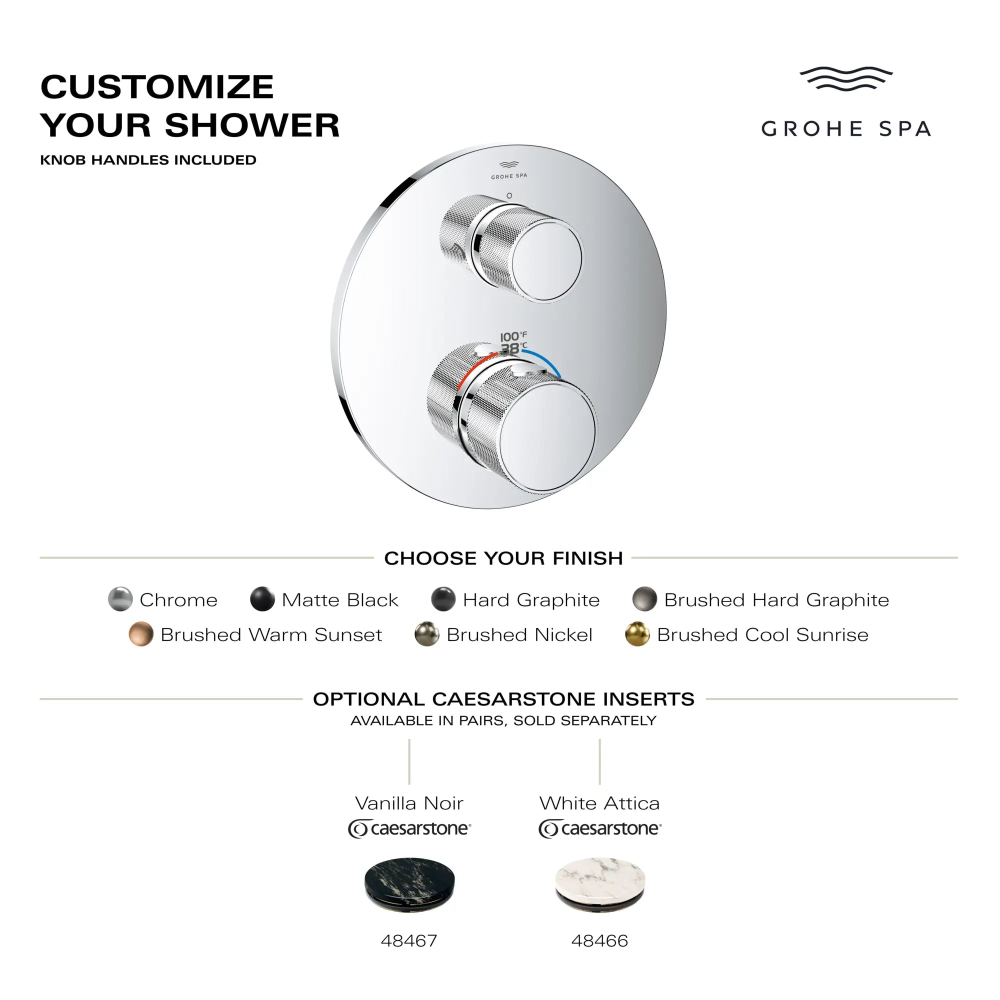 Atrio Private Collection Dual Function 2-Handle Thermostatic Valve Trim with Control Module with Knob Handles // GROHE STARLIGHT CHROME // 281289_AtrioPC_Infographic_105366_0001_FEB2026_2_CDNwebp.webp