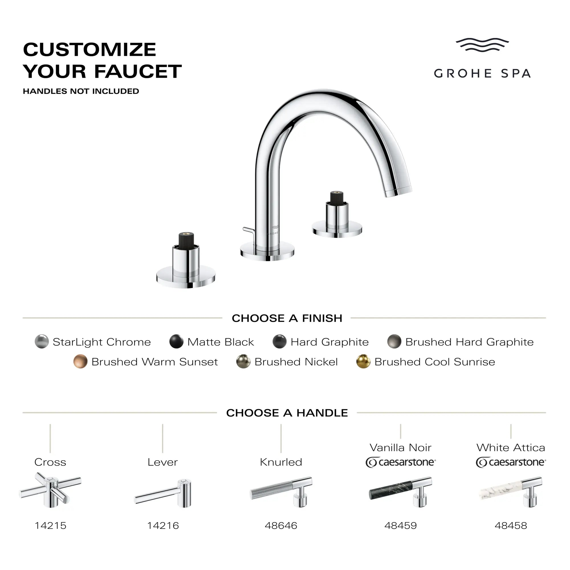 Atrio 8-inch Widespread 2-Handle S-Size Bathroom Faucet without Handles, 1.2 GPM (4.5 L/min) // GROHE STARLIGHT CHROME // 281291_AtrioPC_Infographic_20660_0001_FEB2026_0_CDNwebp.webp