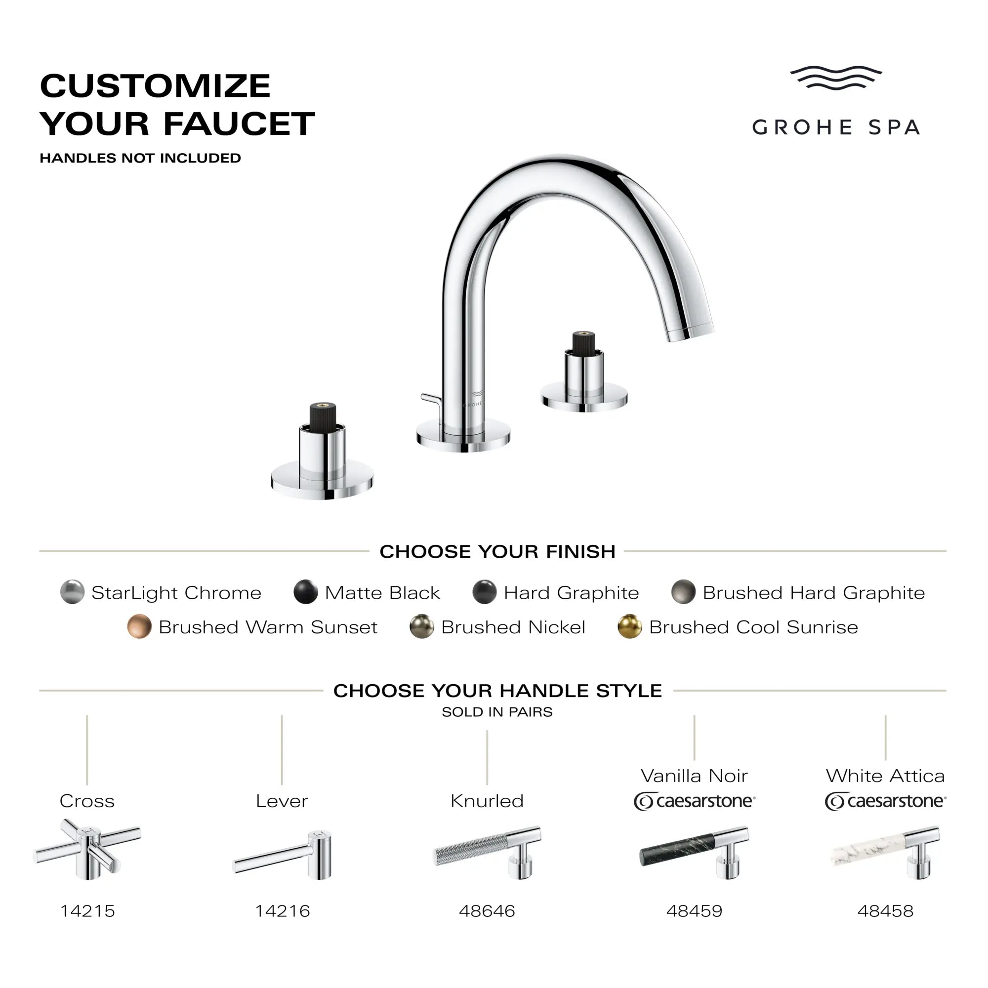 Atrio 8-inch Widespread 2-Handle S-Size Bathroom Faucet without Handles, 1.2 GPM (4.5 L/min) // GROHE STARLIGHT CHROME // 281291_AtrioPC_Infographic_20660_0001_FEB2026_1_CDNwebp.webp