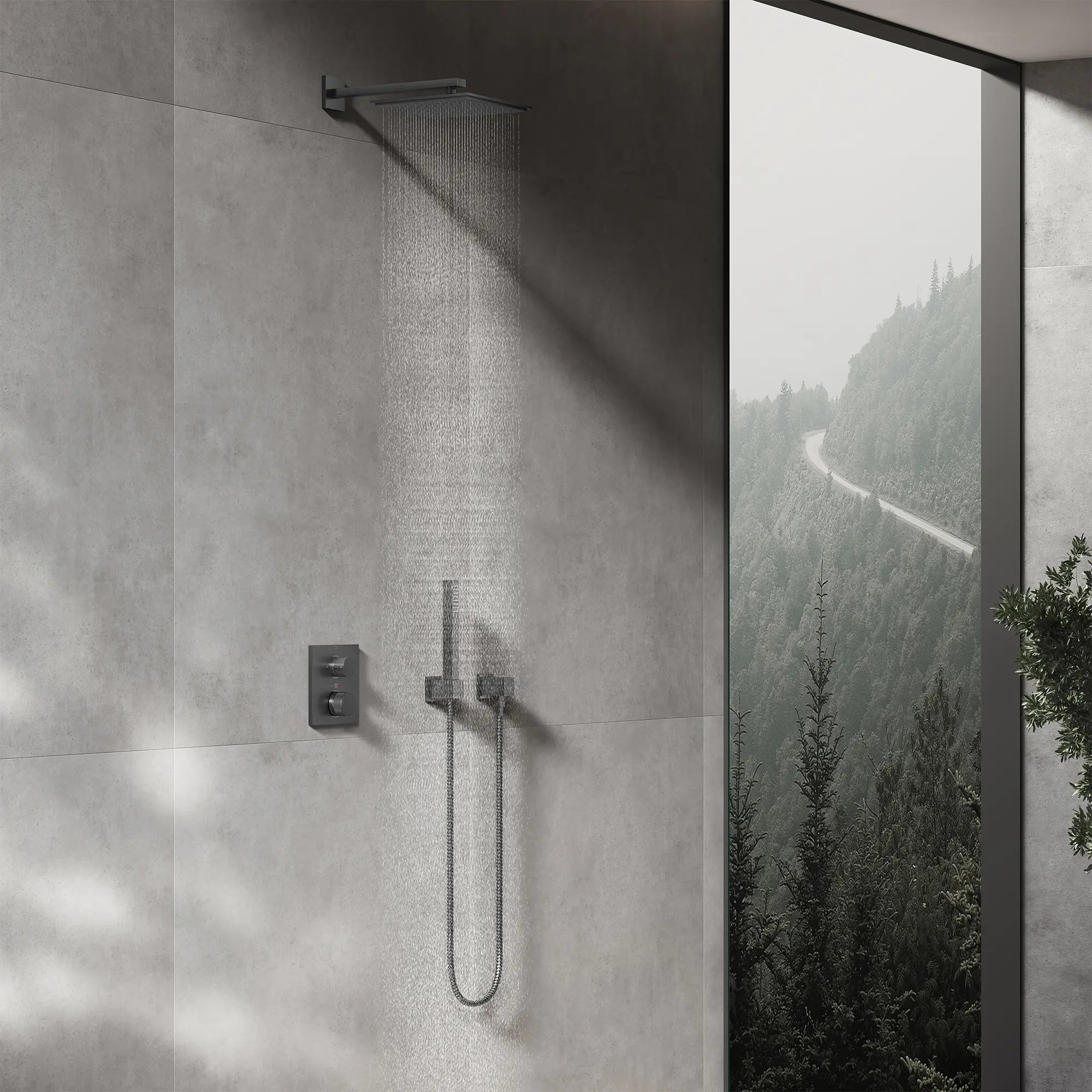 59" Metal Shower Hose // BRUSHED HARD GRAPHITE // 281323_Rainshower_EnvironmentCloseUp_26868AL0_27710AL0_29178AL0_26867AL0_26634AL0_27693AL0_26994AL0_0002_NOVEMBER2025_1_CDNwebp.webp