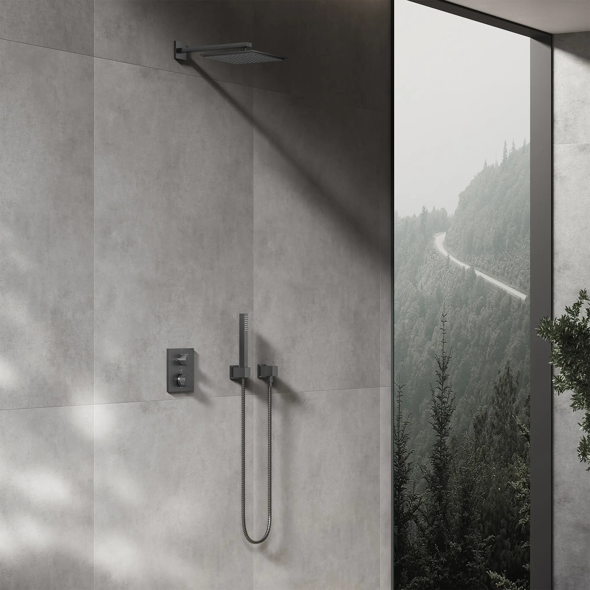 Euphoria Cube+ Wall Union // BRUSHED HARD GRAPHITE // 281324_Rainshower_EnvironmentCloseUp_26868AL0_27710AL0_29178AL0_26867AL0_26634AL0_27693AL0_26994AL0_0001_NOVEMBER2025_1_CDNwebp.webp
