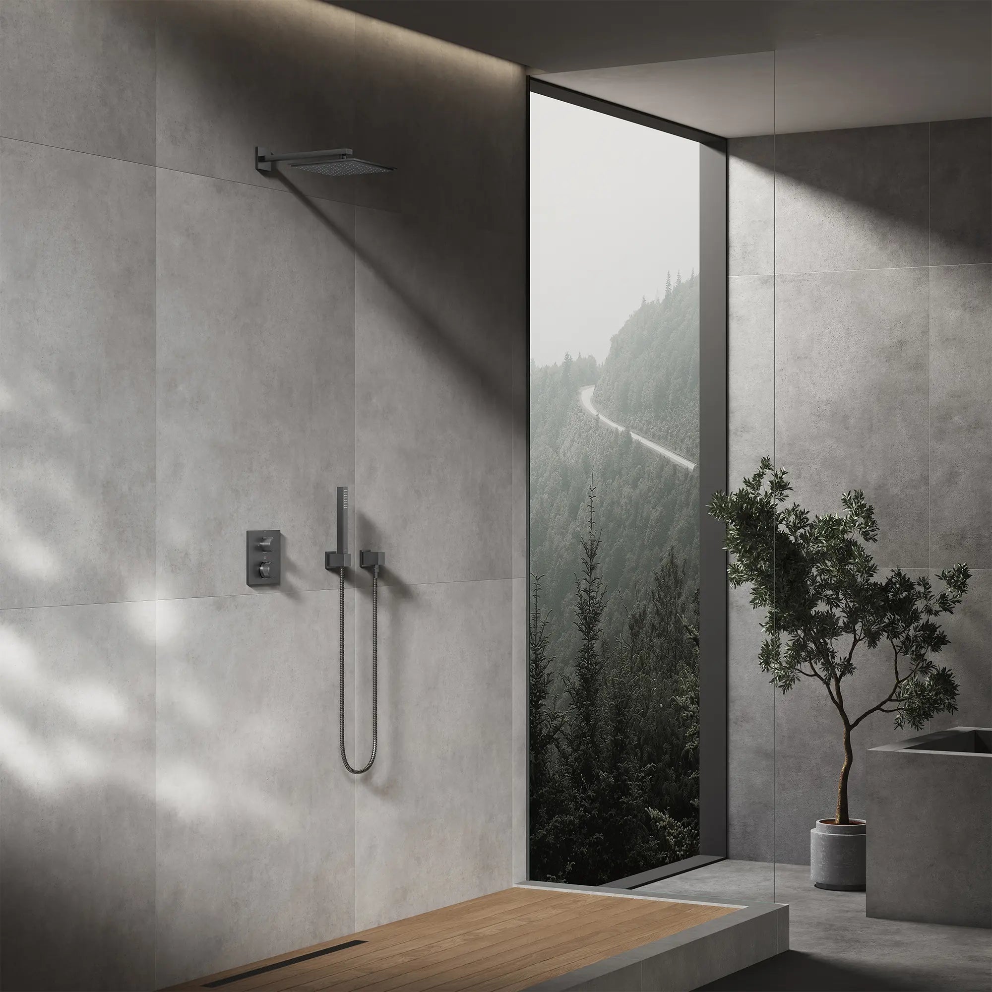 Euphoria Cube+ Wall Union // BRUSHED HARD GRAPHITE // 281325_Rainshower_EnvironmentCloseUp_26868AL0_27710AL0_29178AL0_26867AL0_26634AL0_27693AL0_26994AL0_0001_NOVEMBER2025_1_CDNwebp.webp
