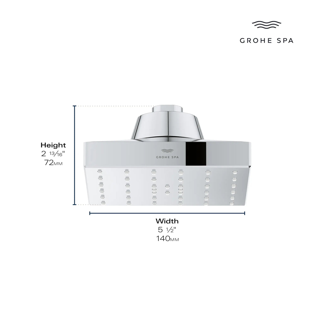 Rainshower Aqua Single Spray 5 1/2" Square Showerhead with AquaBooster 1.75 GPM (6.6 L/min) // GROHE STARLIGHT CHROME // 281417_AquaBooster_Infographic_111661_111668_0001_JAN2026_0_CDNwebp.webp