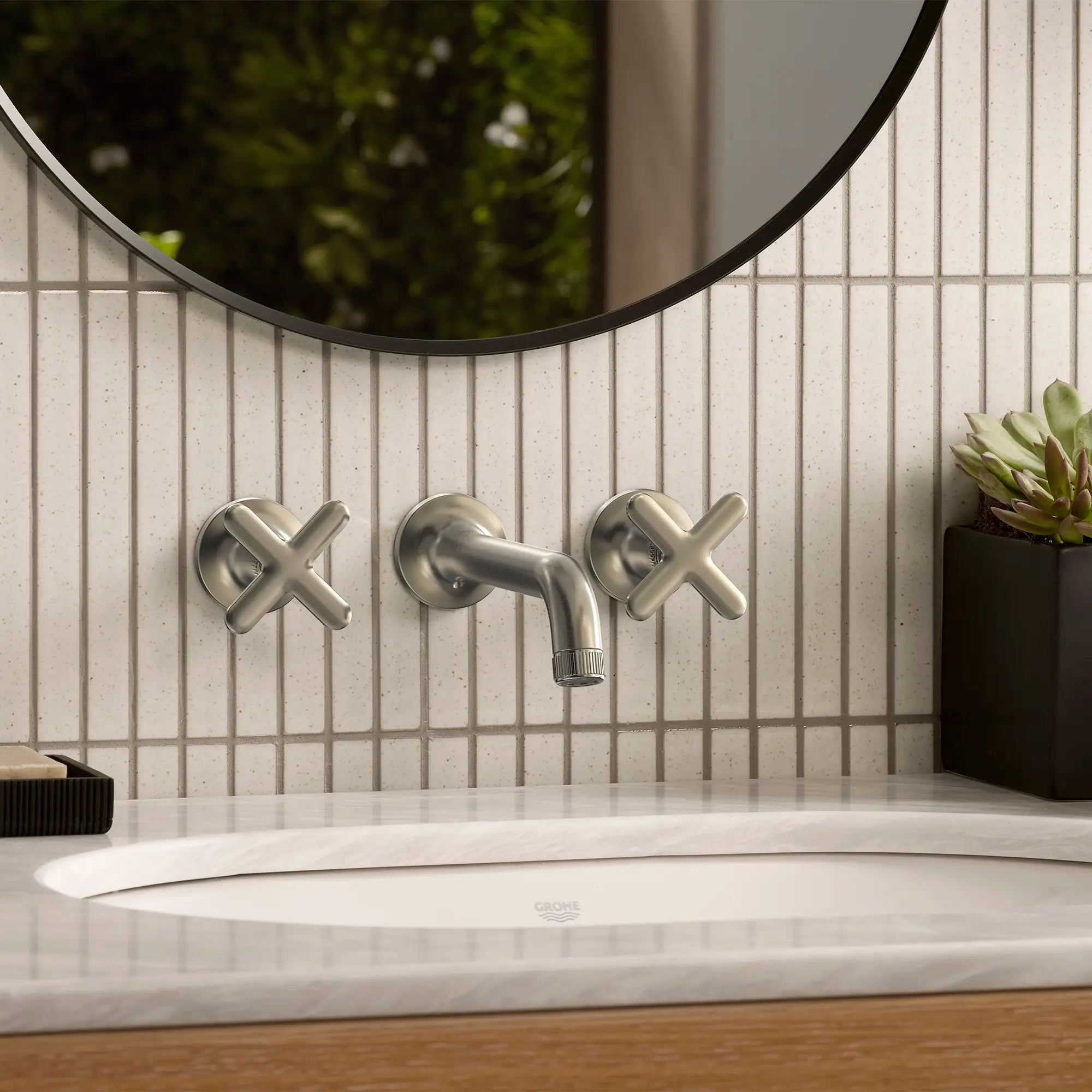 Listra Cross Handles for Bathroom Sink Faucet (Pair) // BRUSHED NICKEL INFINITYFINISH // 282552_Listra_EnvironmentCloseUp_106216EN00_106238EN00_0001_JANUARY2026_1_CDNwebp.webp