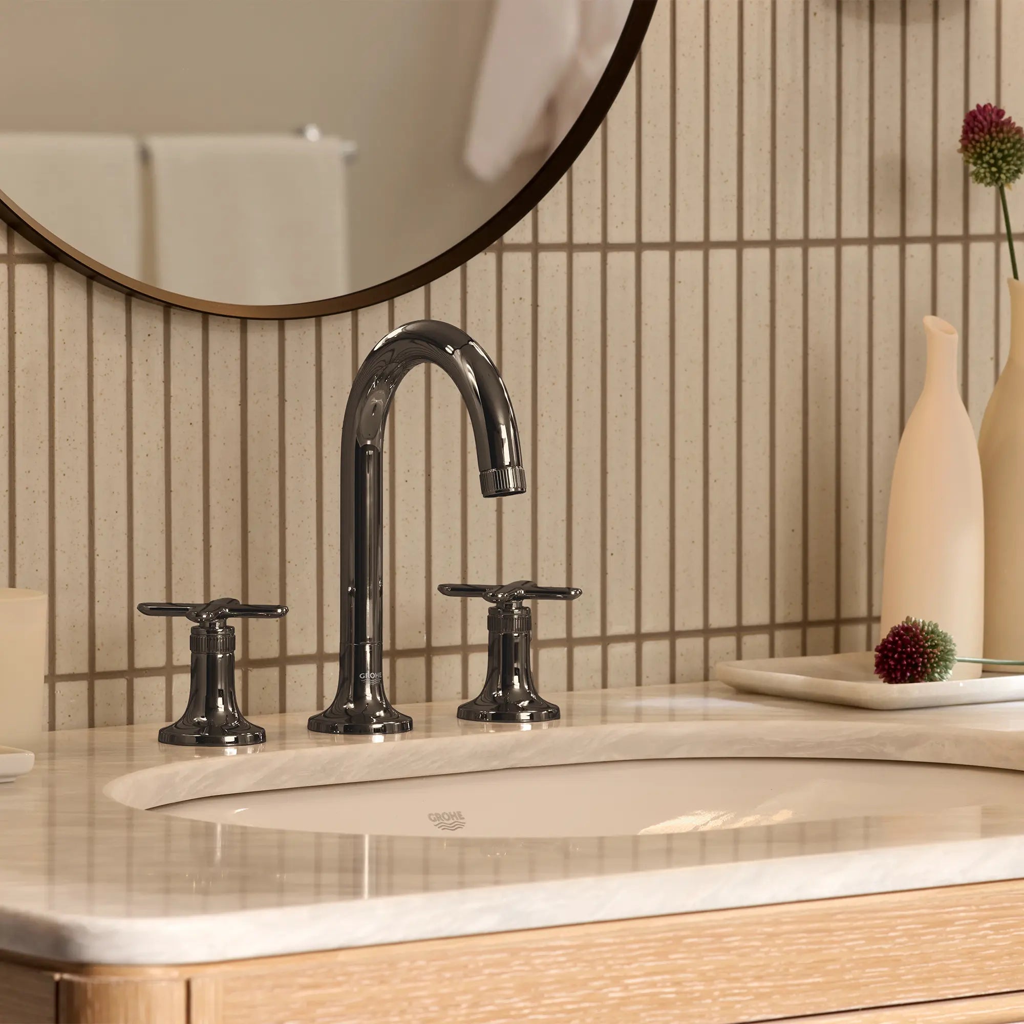 Listra Cross Handles for Bathroom Sink Faucet (Pair) // HARD GRAPHITE // 282558_Listra_EnvironmentCloseUp_106221A000_106238A000_0002_JANUARY2026_1_CDNwebp.webp