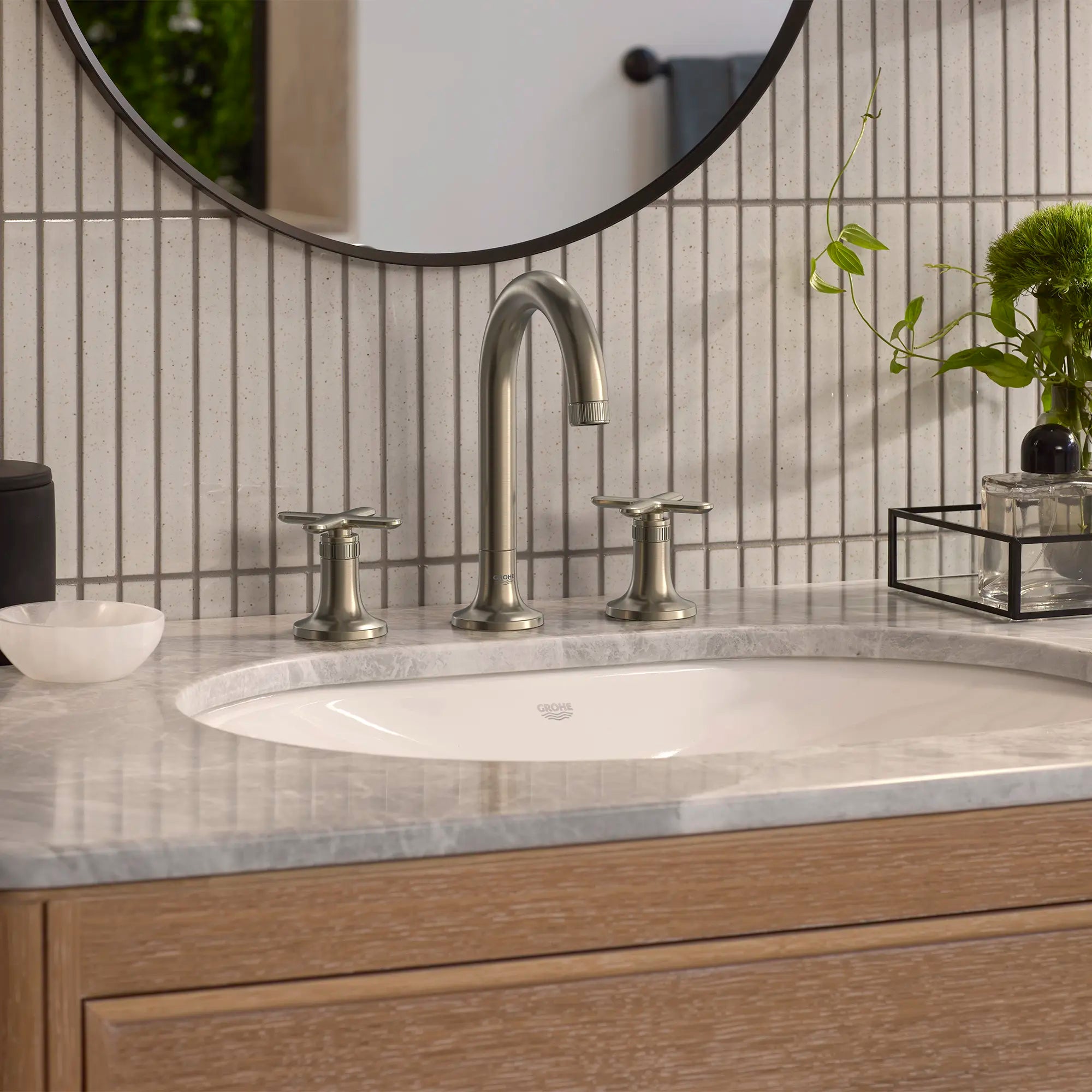 Listra Cross Handles for Bathroom Sink Faucet (Pair) // BRUSHED NICKEL INFINITYFINISH // 282564_Listra_EnvironmentCloseUp_106221EN00_106238EN00_0001_JANUARY2026_1_CDNwebp.webp