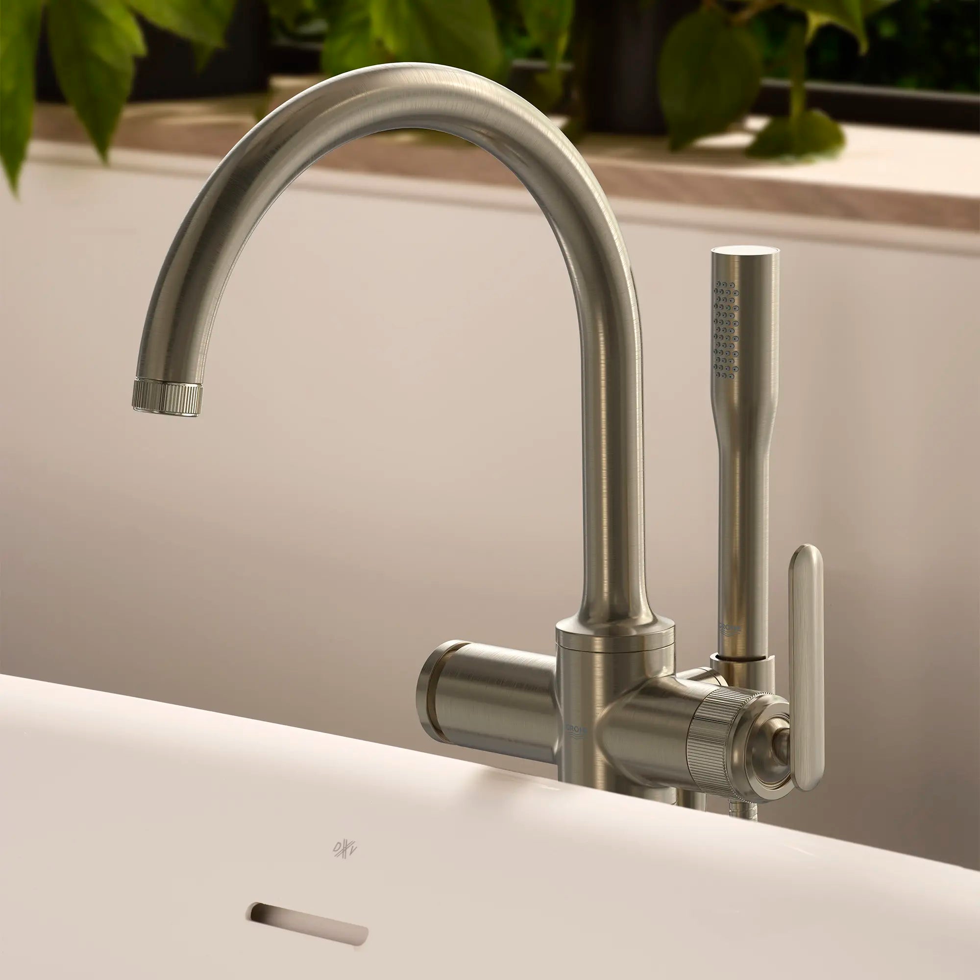 Listra Single-Handle Freestanding Tub Faucet with 1.75 gpm (6.6L/min) Hand Shower // BRUSHED NICKEL INFINITYFINISH // 282573_Listra_EnvironmentCloseUp_106256EN00_0001_JANUARY2026_1_CDNwebp.webp