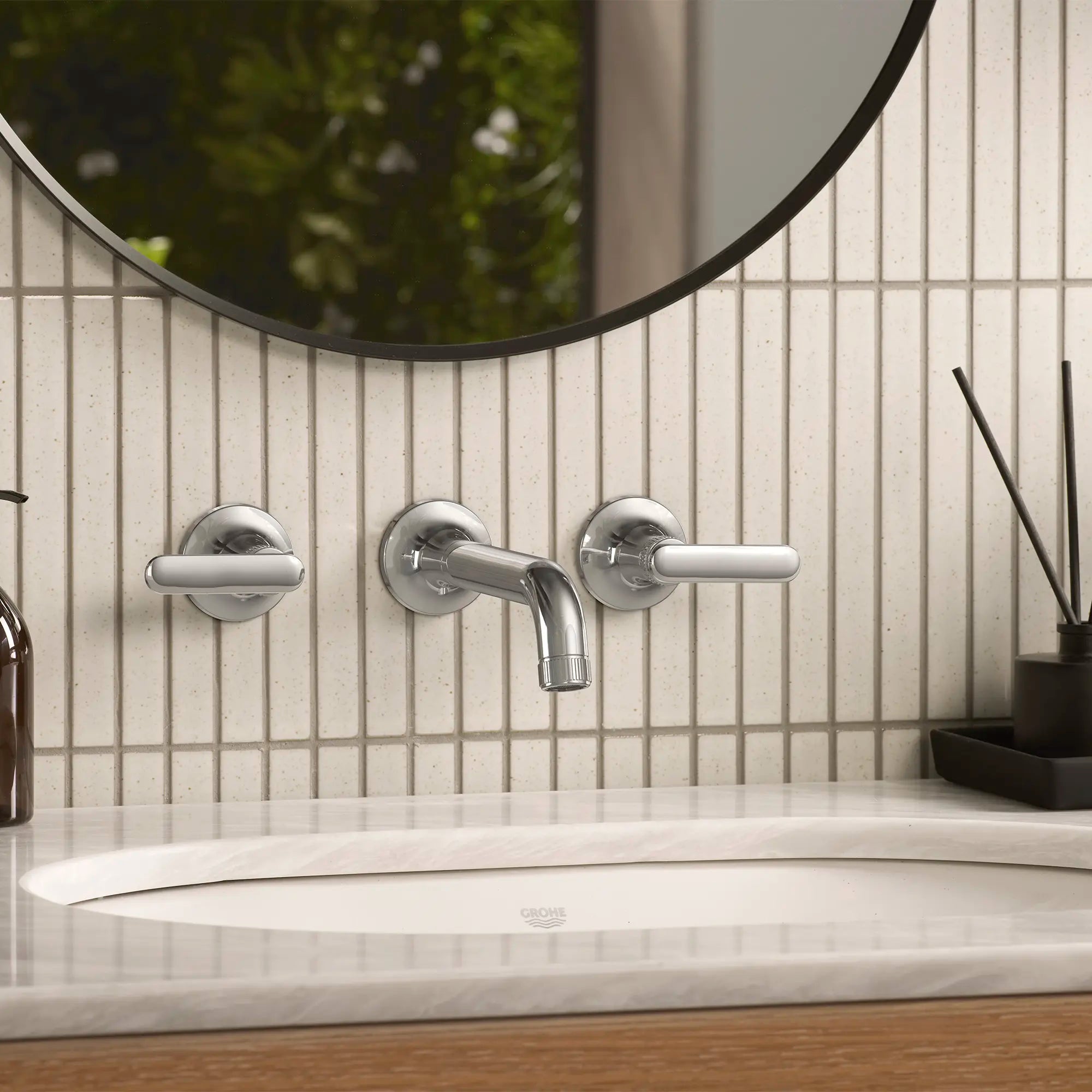 Listra Wall Mount Widespread Bathroom Faucet, 1.2gpm (4.5L/min) // GROHE STARLIGHT CHROME // 282578_Listra_EnvironmentCloseUp_1062160000_1062570000_0001_JANUARY2026_1_CDNwebp.webp