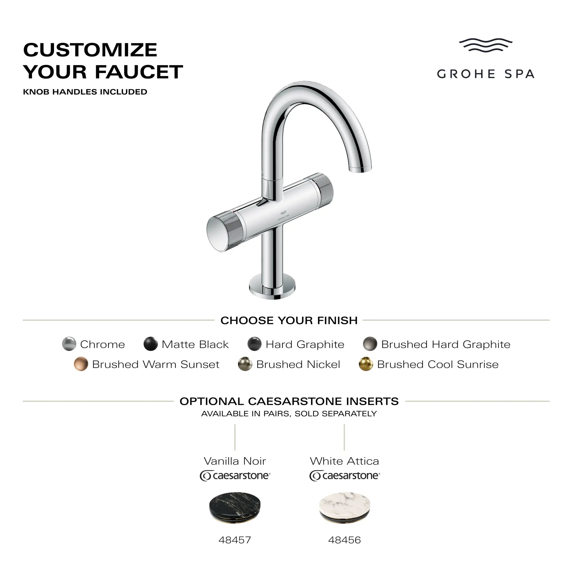 Atrio Private Collection Single Hole Two-Handle M-Size Bathroom Faucet with Knob Handles, 1.2 GPM (4.5 L/min) // GROHE STARLIGHT CHROME // 284234_AtrioPC_Infographic_105341_0001_MAY2026_0_CDNwebp.webp
