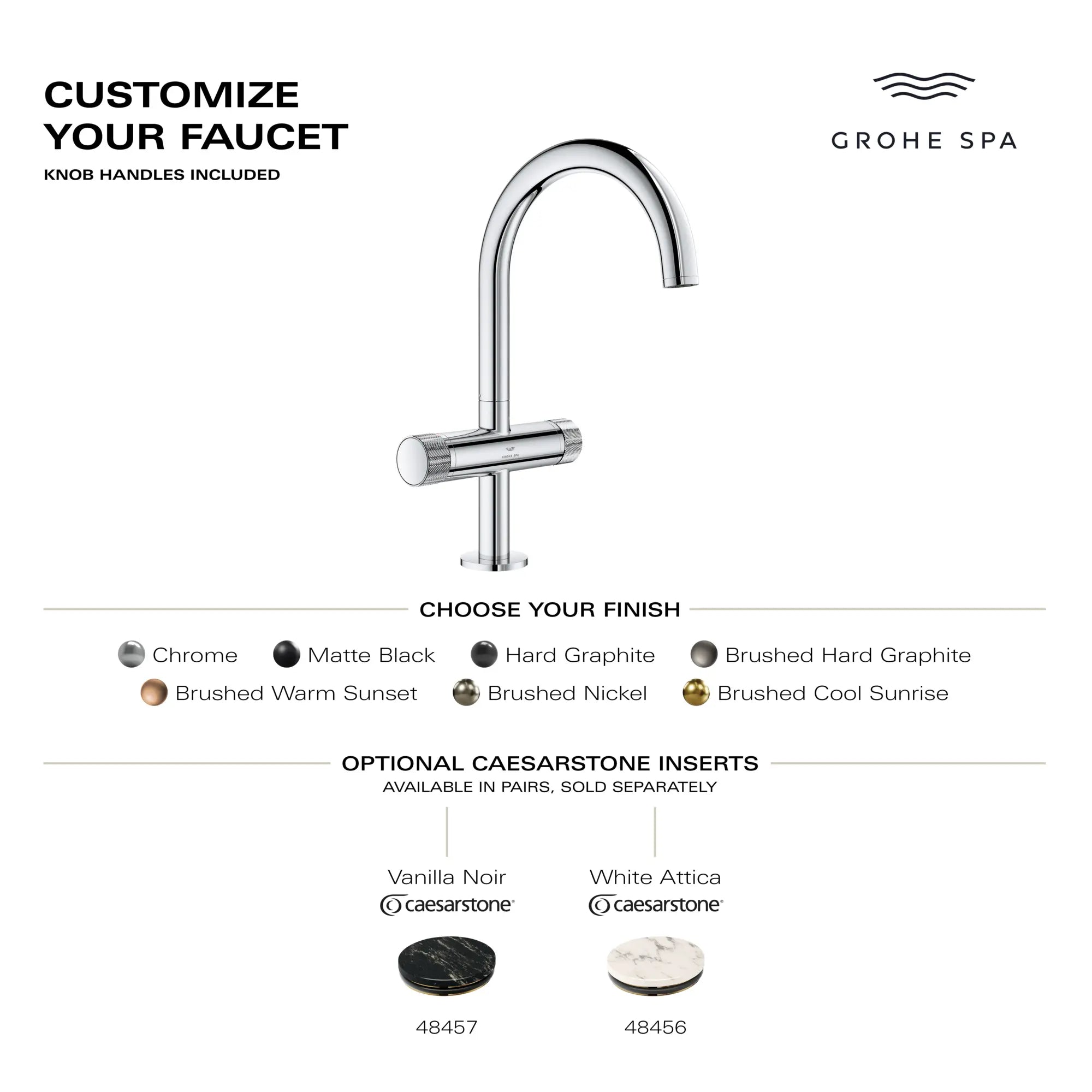 Atrio Private Collection Single Hole 8-Inch Widespread 2-Handle L-Size Bathroom Faucet with Knob Handles, 1.2 GPM (4.5 L/min) // HARD GRAPHITE // 284235_AtrioPC_Infographic_105337_0001_MAY2026_0_CDNwebp.webp