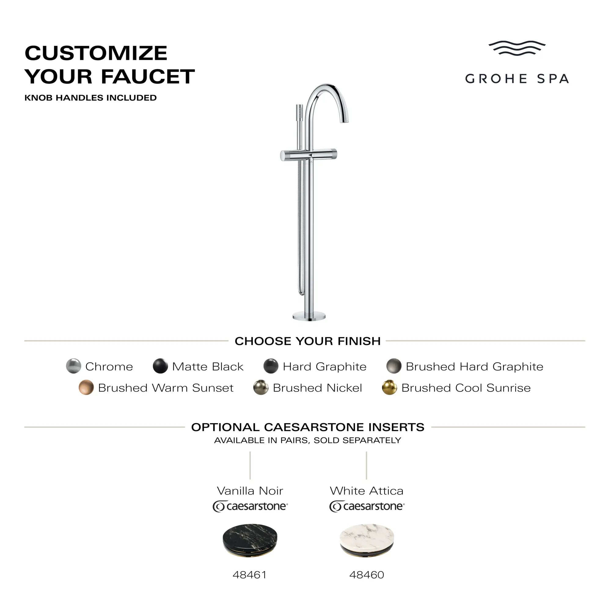 Atrio Private Collection 2-Handle Free Standing Tub Filler with Knob Handles, with 1.75 GPM Hand Shower // HARD GRAPHITE // 284236_AtrioPC_Infographic_105772_0001_MAY2026_0_CDNwebp.webp