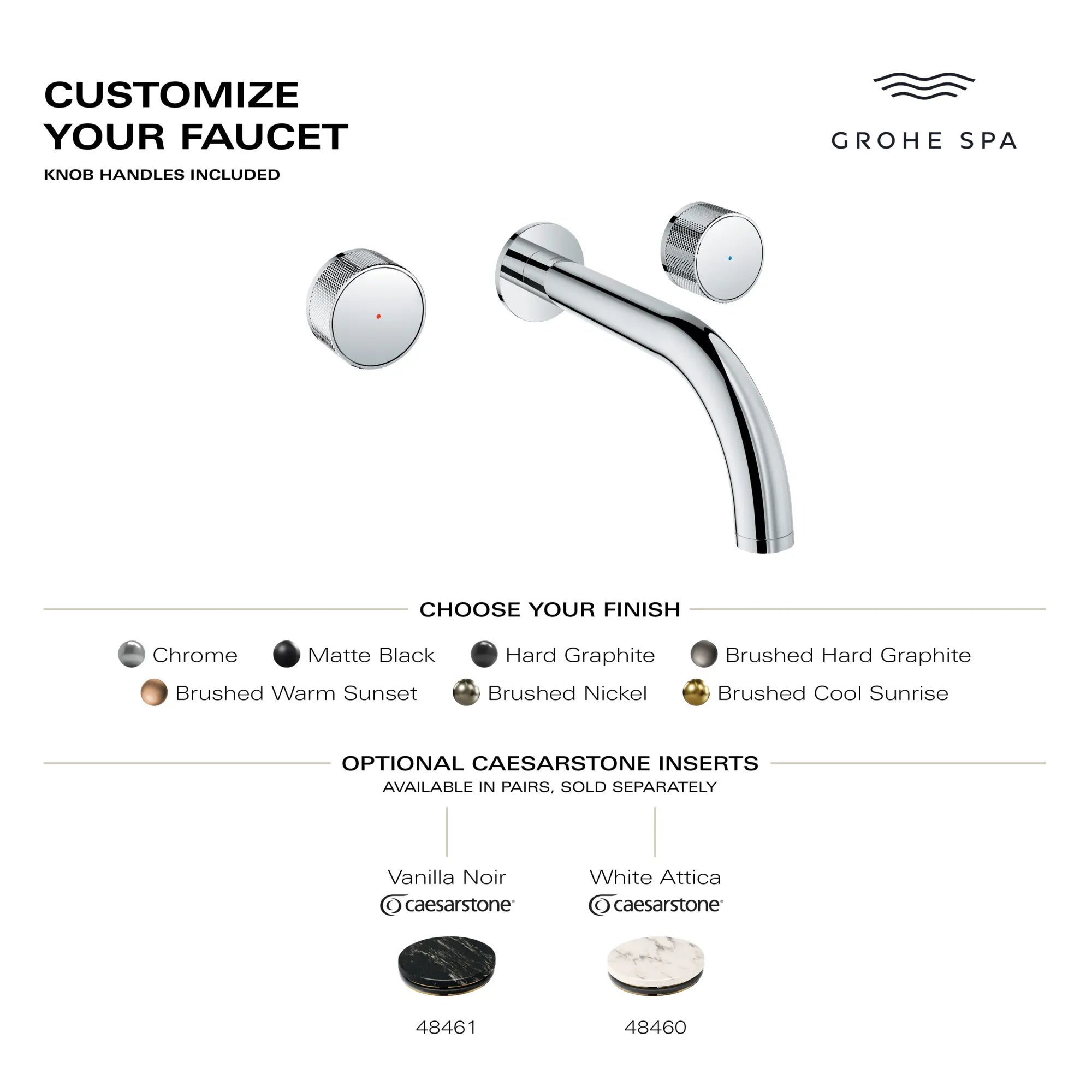 Atrio Private Collection 2-Handle Wall Mount Faucet, Knob Handles, 1.2 GPM (4.5L.min) // BRUSHED WARM SUNSET // 284238_AtrioPC_Infographic_105364_0001_MAY2026_0_CDNwebp.webp