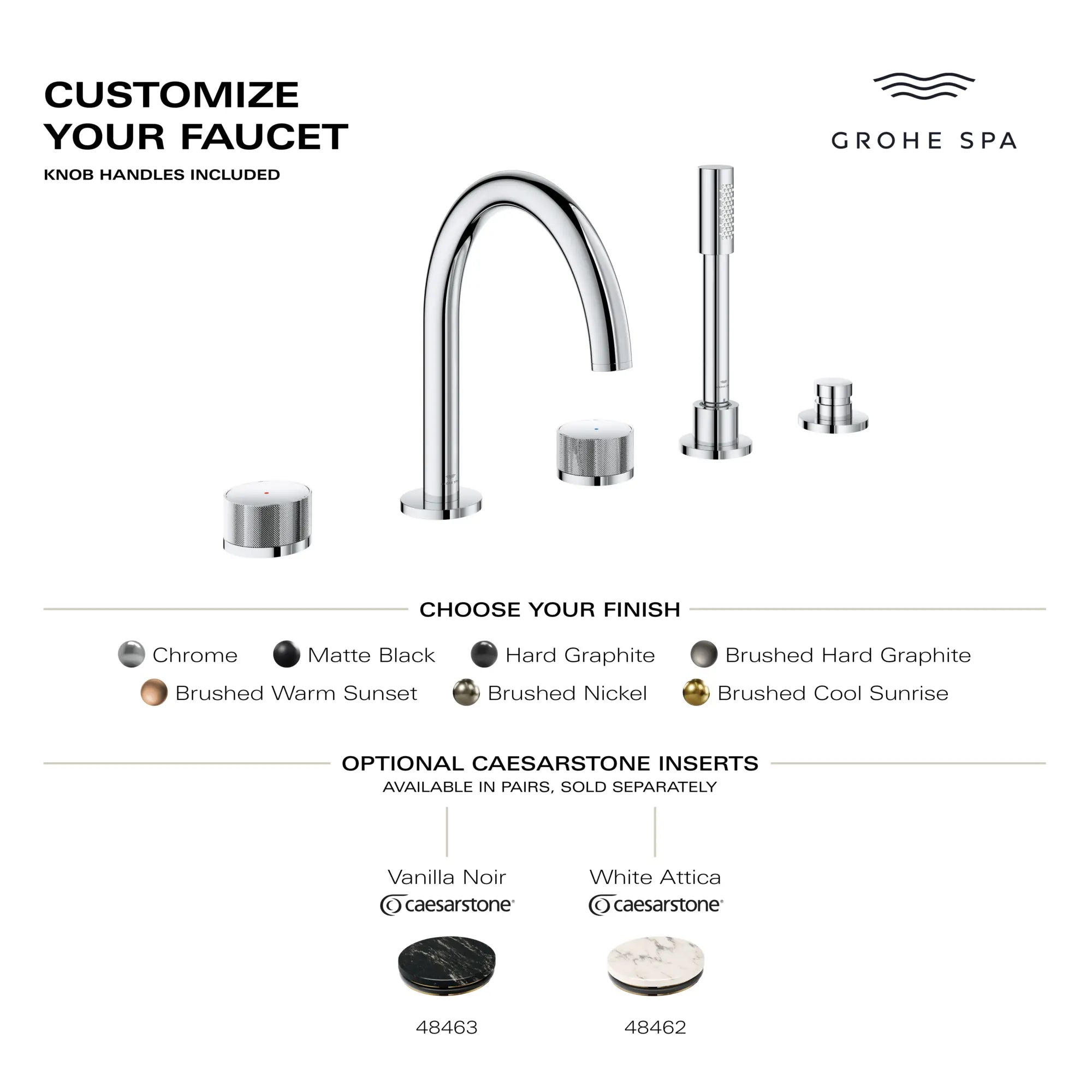 Atrio Private Collection 5-Hole 2-Handle Deckmount Tub Filler with Knob Handles with 1.75 GPM Hand Shower // HARD GRAPHITE // 284239_AtrioPC_Infographic_105350_0001_MAY2026_0_CDNwebp.webp