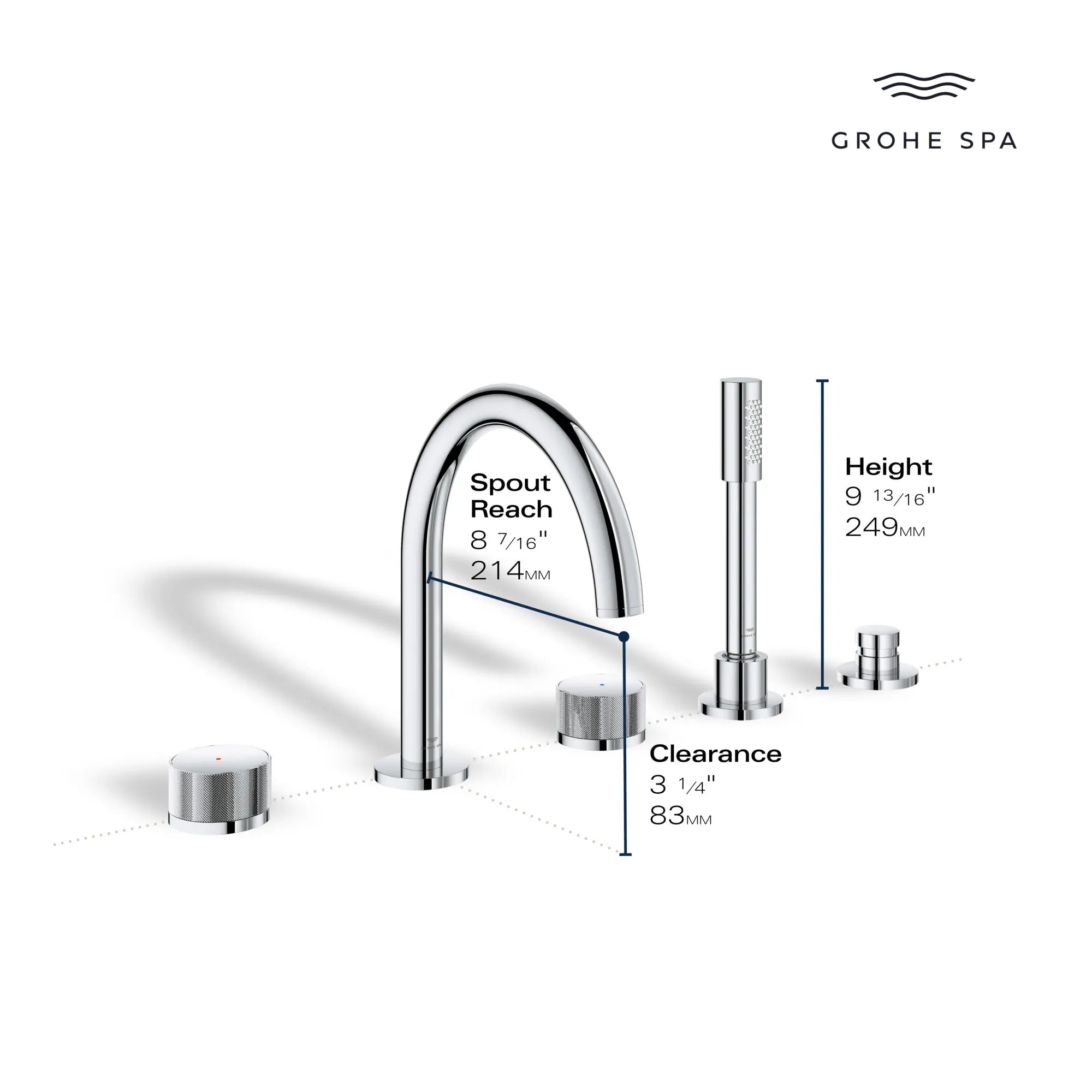 Atrio Private Collection 5-Hole 2-Handle Deckmount Tub Filler with Knob Handles with 1.75 GPM Hand Shower // HARD GRAPHITE // 284749_AtrioPC_Infographic_105350_0001_MAY2026_2_CDNwebp.webp