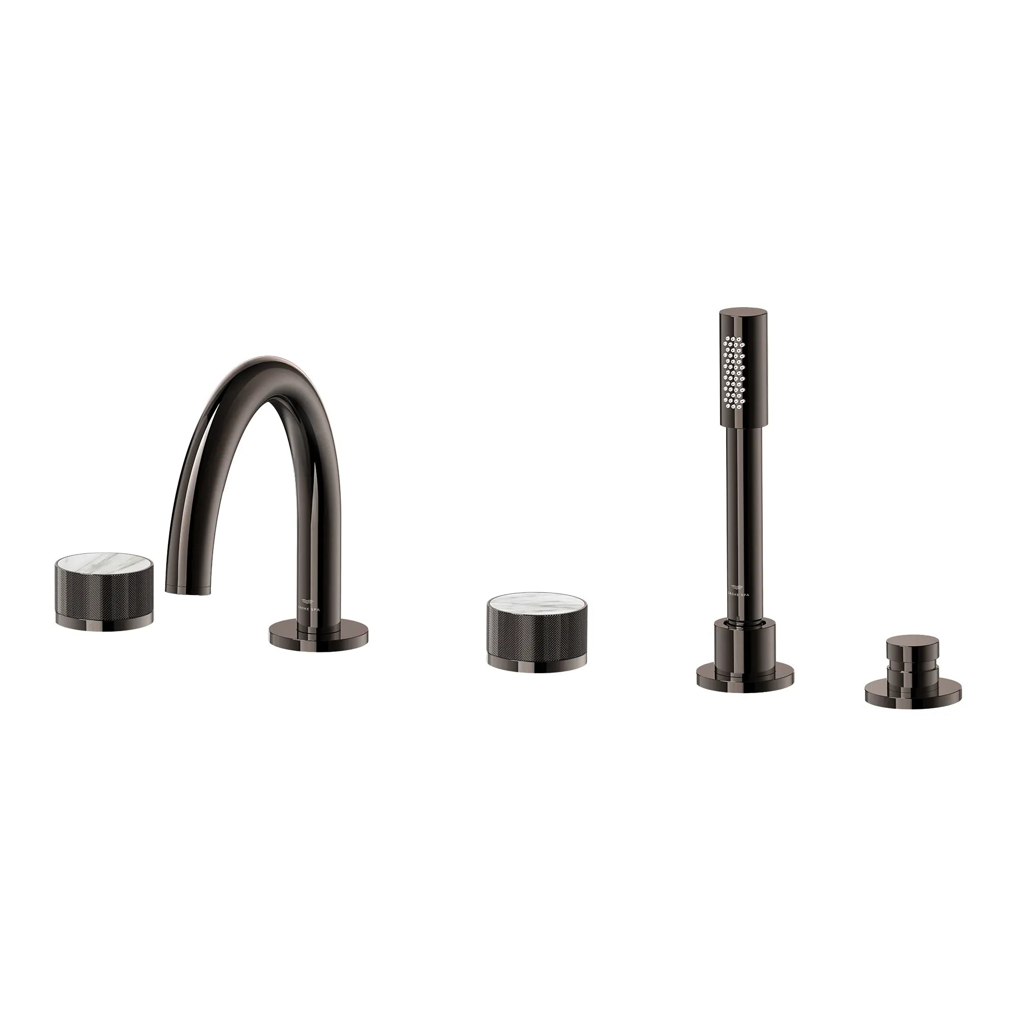 Atrio Private Collection 5-Hole 2-Handle Deckmount Tub Filler with Knob Handles with 1.75 GPM Hand Shower // HARD GRAPHITE // 285295_Atrio_PC_SiloLeft_105350A000_46462A000_0001_APRIL2026_0_CDNwebp.webp