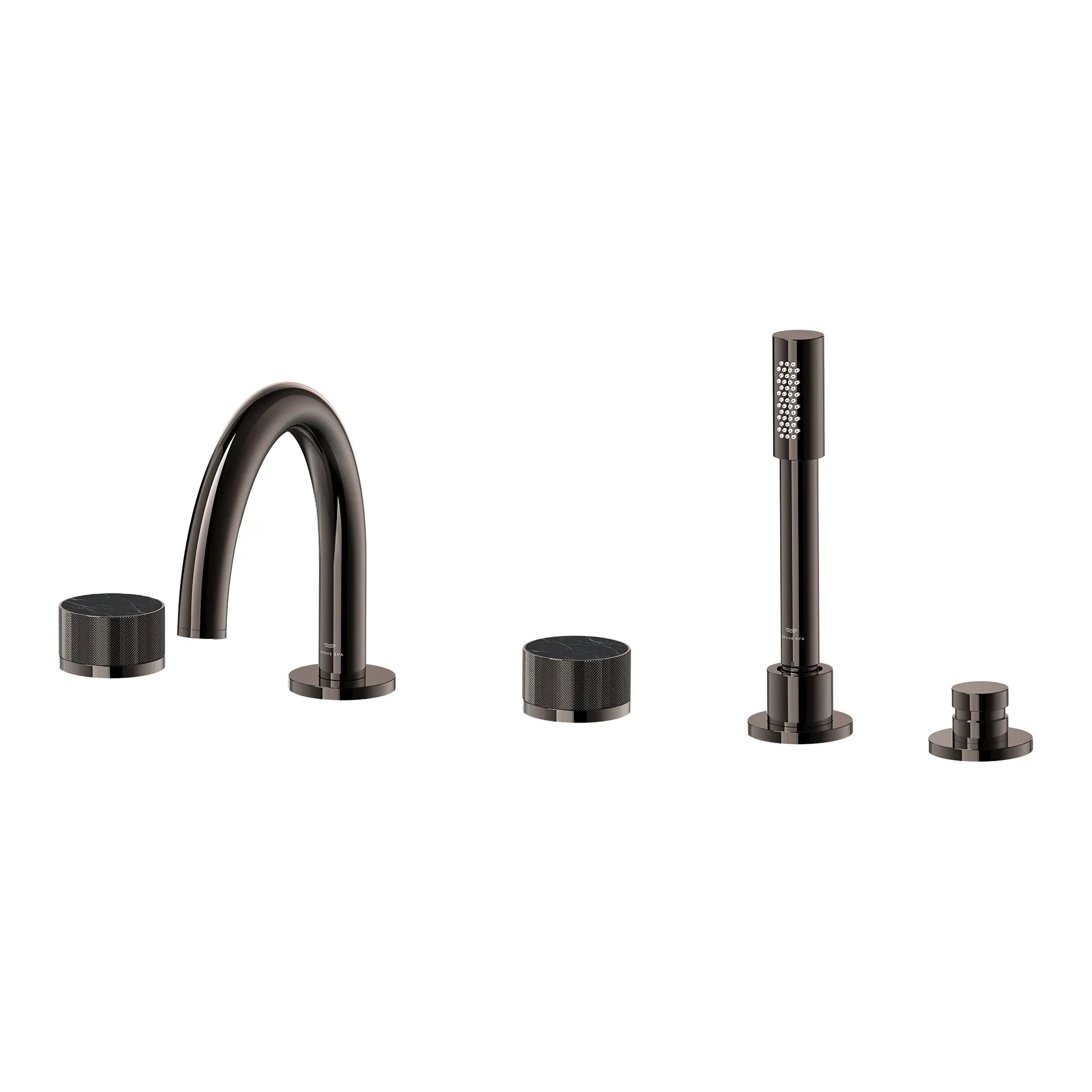 Atrio Private Collection 5-Hole 2-Handle Deckmount Tub Filler with Knob Handles with 1.75 GPM Hand Shower // HARD GRAPHITE // 285296_Atrio_PC_SiloLeft_105350A000_46463A000_0001_APRIL2026_0_CDNwebp.webp
