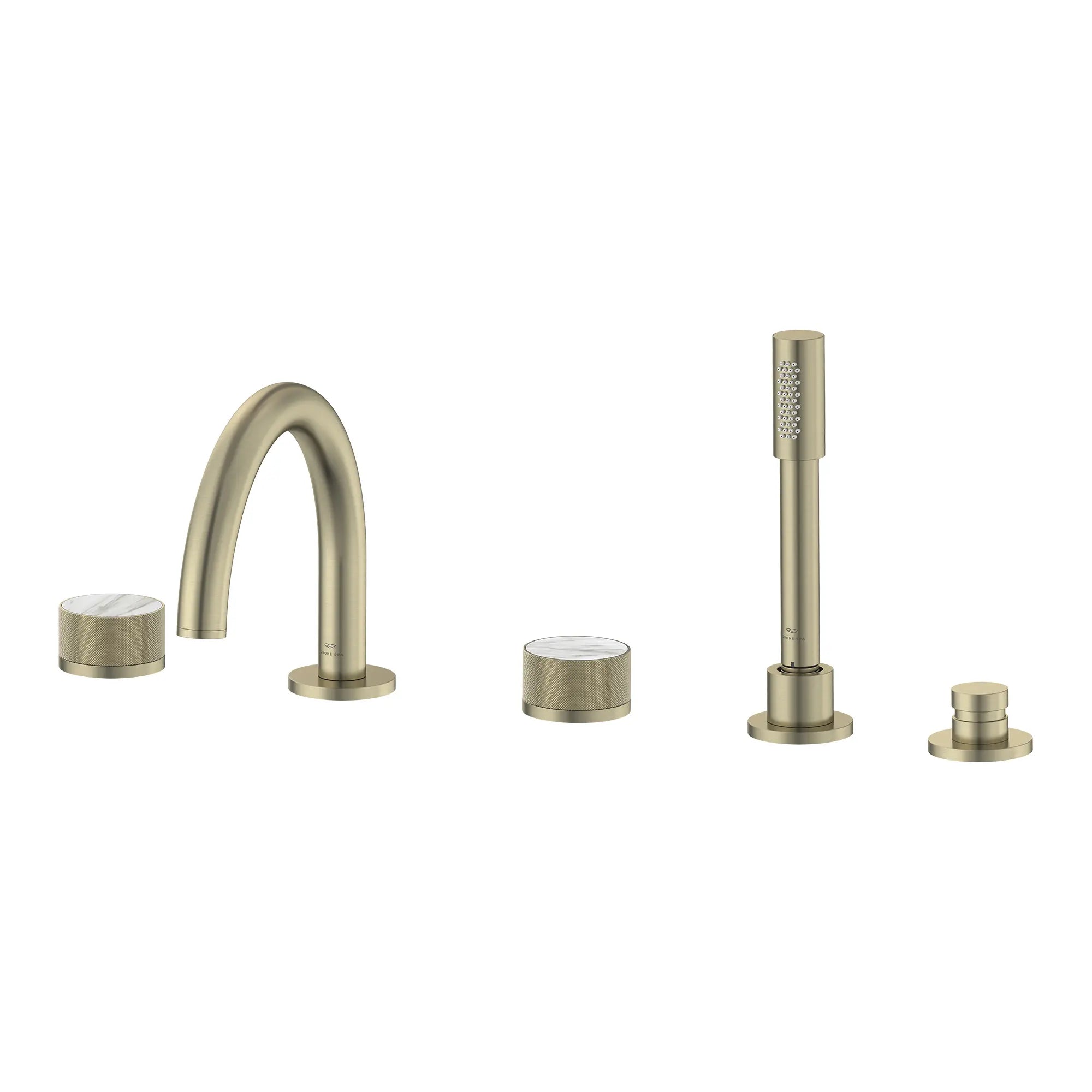 Atrio Private Collection 5-Hole 2-Handle Deckmount Tub Filler with Knob Handles with 1.75 GPM Hand Shower // BRUSHED NICKEL INFINITYFINISH // 285297_Atrio_PC_SiloLeft_105350EN00_464622430_0001_APRIL2026_0_CDNwebp.webp