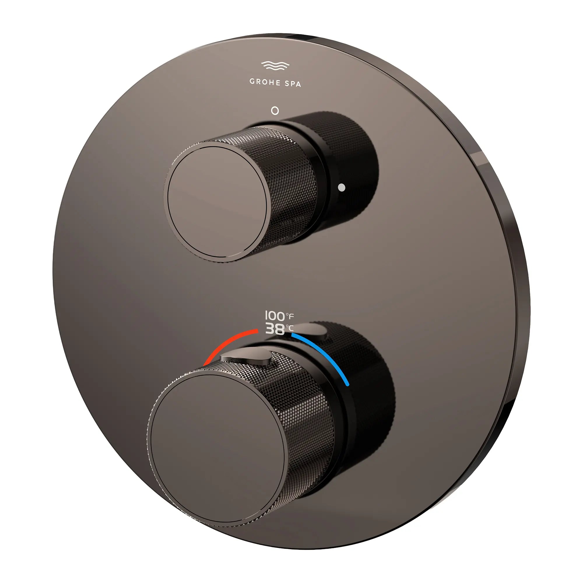 Atrio Private Collection Dual Function 2-Handle Thermostatic Valve Trim with Control Module with Knob Handles // HARD GRAPHITE // 285303_Atrio_PC_SiloLeft_105366A000_0001_APRIL2026_0_CDNwebp.webp
