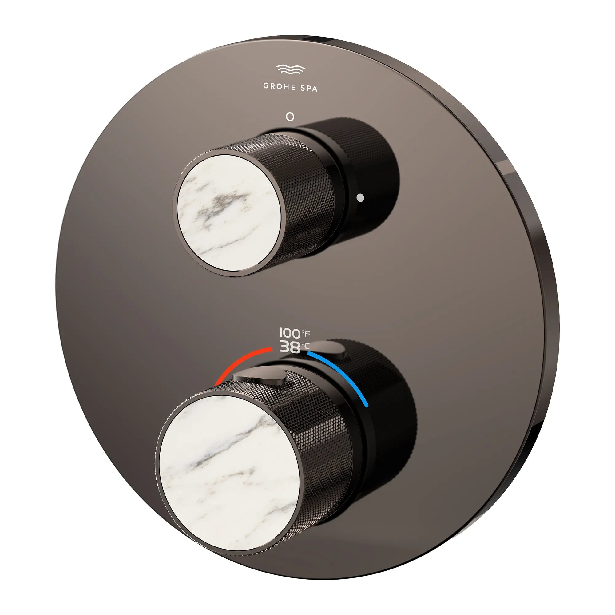 Atrio Private Collection Dual Function 2-Handle Thermostatic Valve Trim with Control Module with Knob Handles // HARD GRAPHITE // 285304_Atrio_PC_SiloLeft_105366A000_48466A000_0001_APRIL2026_0_CDNwebp.webp