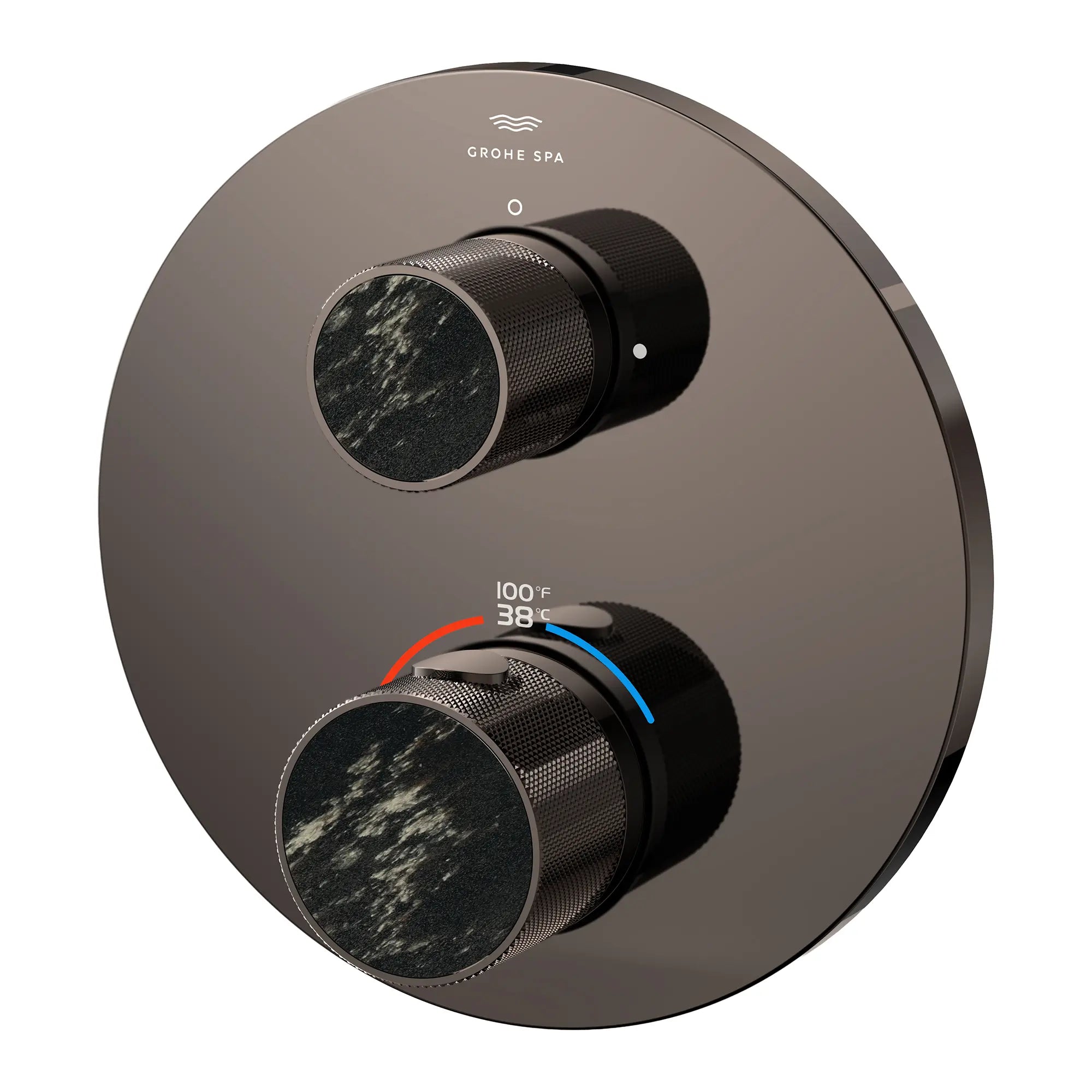 Atrio Private Collection Dual Function 2-Handle Thermostatic Valve Trim with Control Module with Knob Handles // HARD GRAPHITE // 285305_Atrio_PC_SiloLeft_105366A000_48467A000_0001_APRIL2026_0_CDNwebp.webp