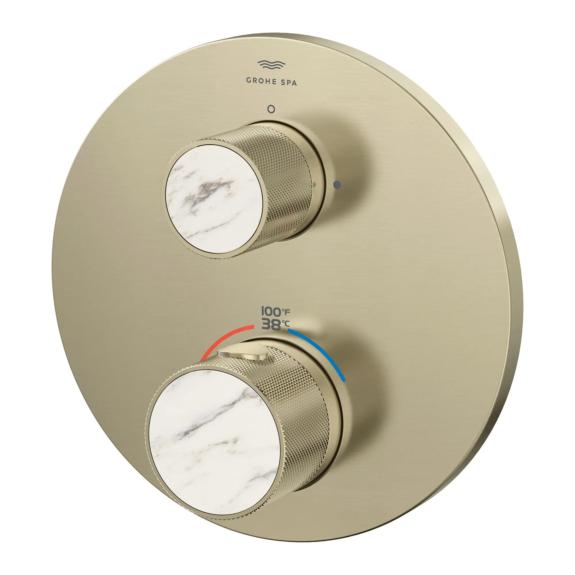 Atrio Private Collection Dual Function 2-Handle Thermostatic Valve Trim with Control Module with Knob Handles // BRUSHED NICKEL INFINITYFINISH // 285307_Atrio_PC_SiloLeft_105366EN00_48466EN00_0001_APRIL2026_0_CDNwebp.webp