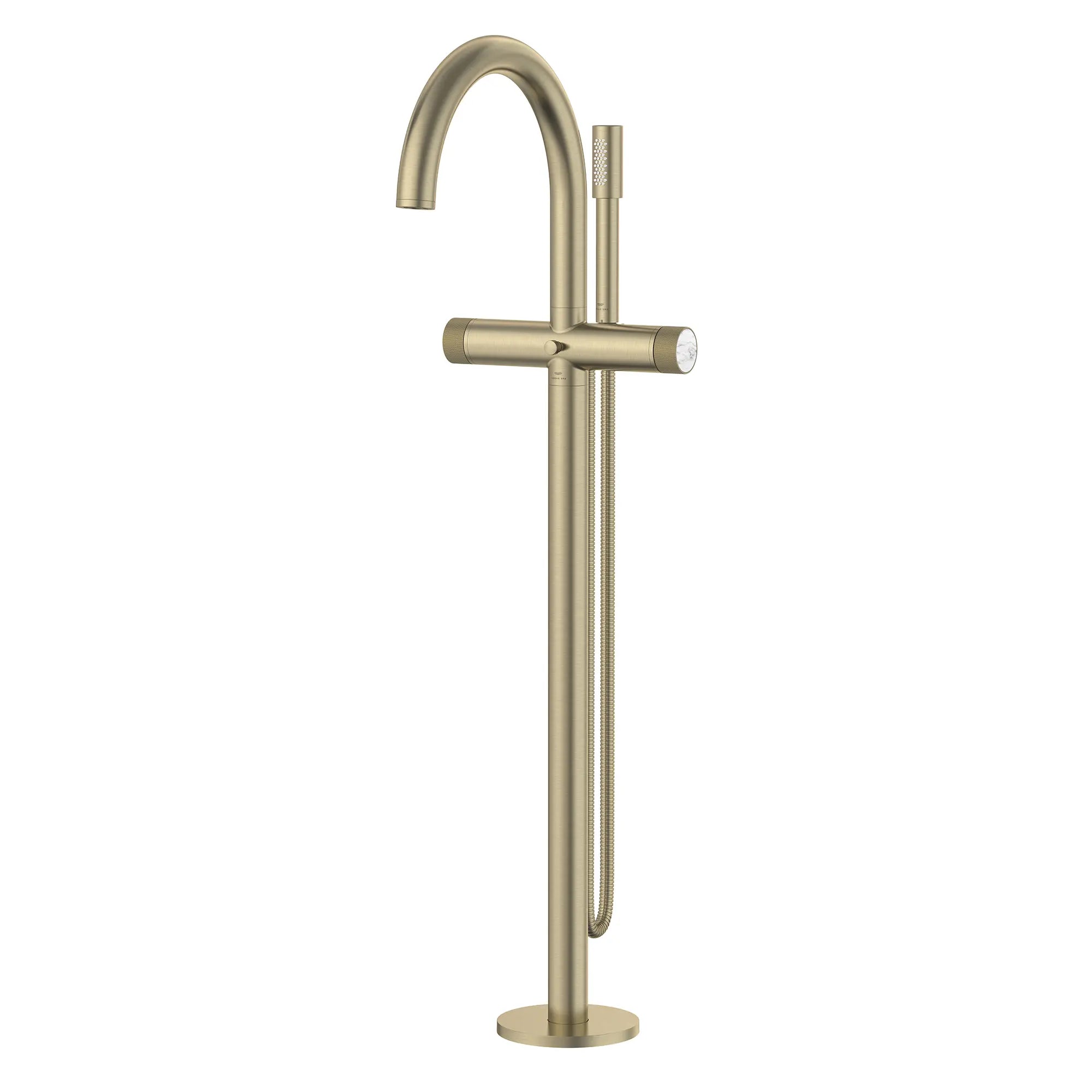 Atrio Private Collection 2-Handle Free Standing Tub Filler with Knob Handles, with 1.75 GPM Hand Shower // BRUSHED NICKEL INFINITYFINISH // 285311_Atrio_PC_SiloLeft_105772EN0_48460EN0_0001_APRIL2026_0_CDNwebp.webp