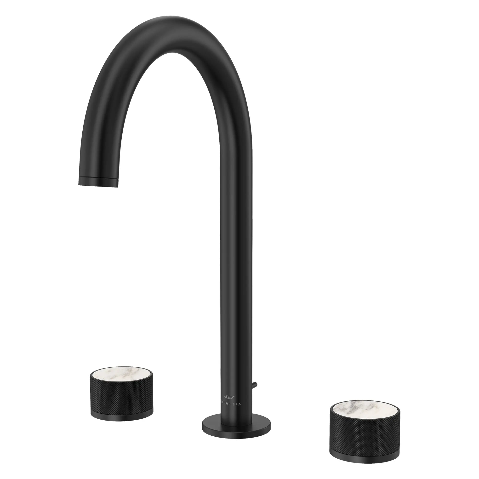 Atrio Private Collection 8-inch Widespread 2-Handle M-Size Bathroom Faucet with Knob Handles, 1.2 GPM (4.5 L/min) // MATTE BLACK // 285317_Atrio_PC_SiloLeft_1053392430_48460_0001_APRIL2026_0_CDNwebp.webp