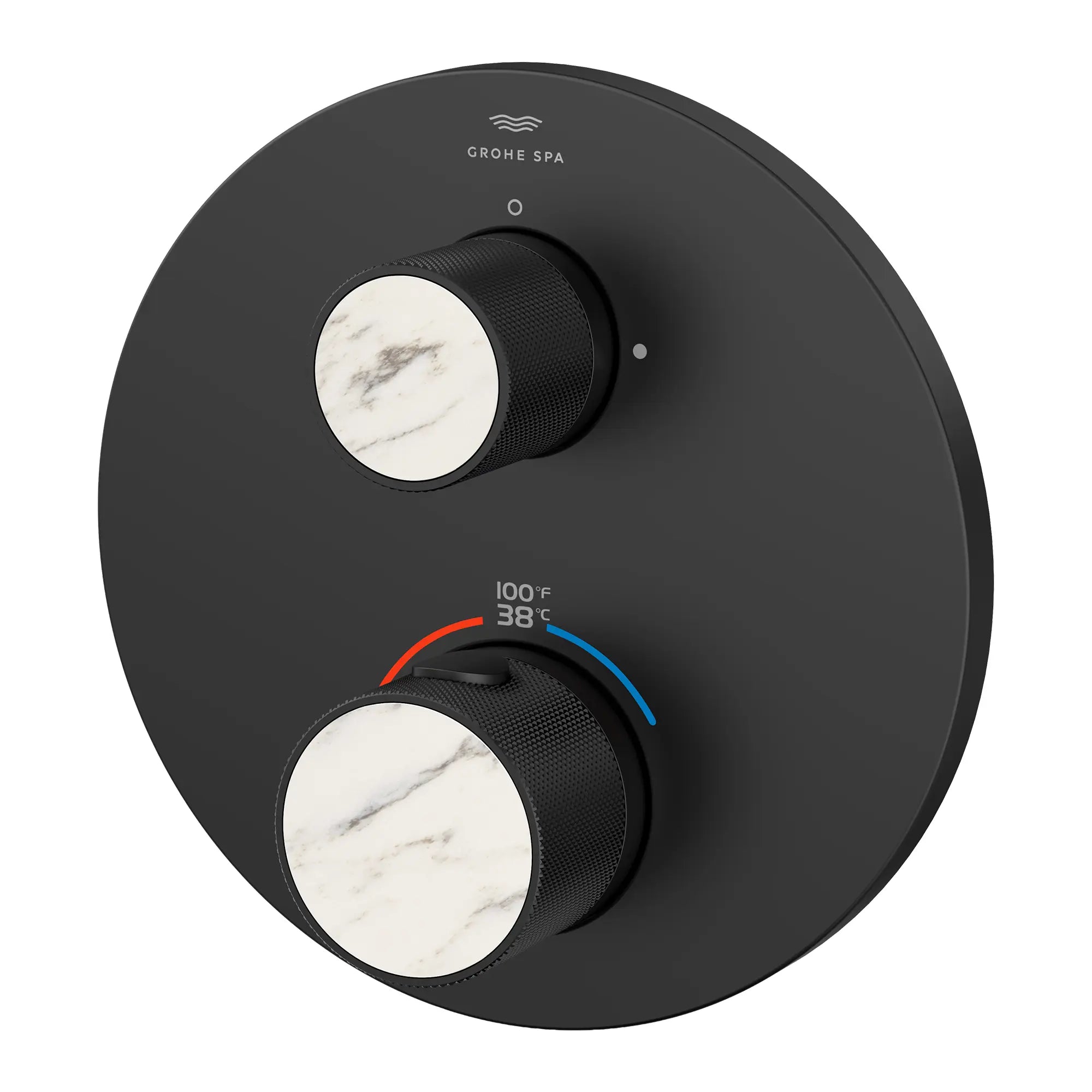Atrio Private Collection Dual Function 2-Handle Thermostatic Valve Trim with Control Module with Knob Handles // MATTE BLACK // 285324_Atrio_PC_SiloLeft_1053662430_484662430_0001_APRIL2026_0_CDNwebp.webp