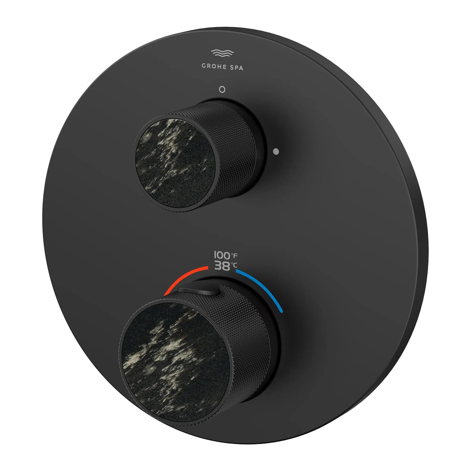 Atrio Private Collection Dual Function 2-Handle Thermostatic Valve Trim with Control Module with Knob Handles // MATTE BLACK // 285326_Atrio_PC_SiloLeft_1053662430_484672430_0001_APRIL2026_0_CDNwebp.webp