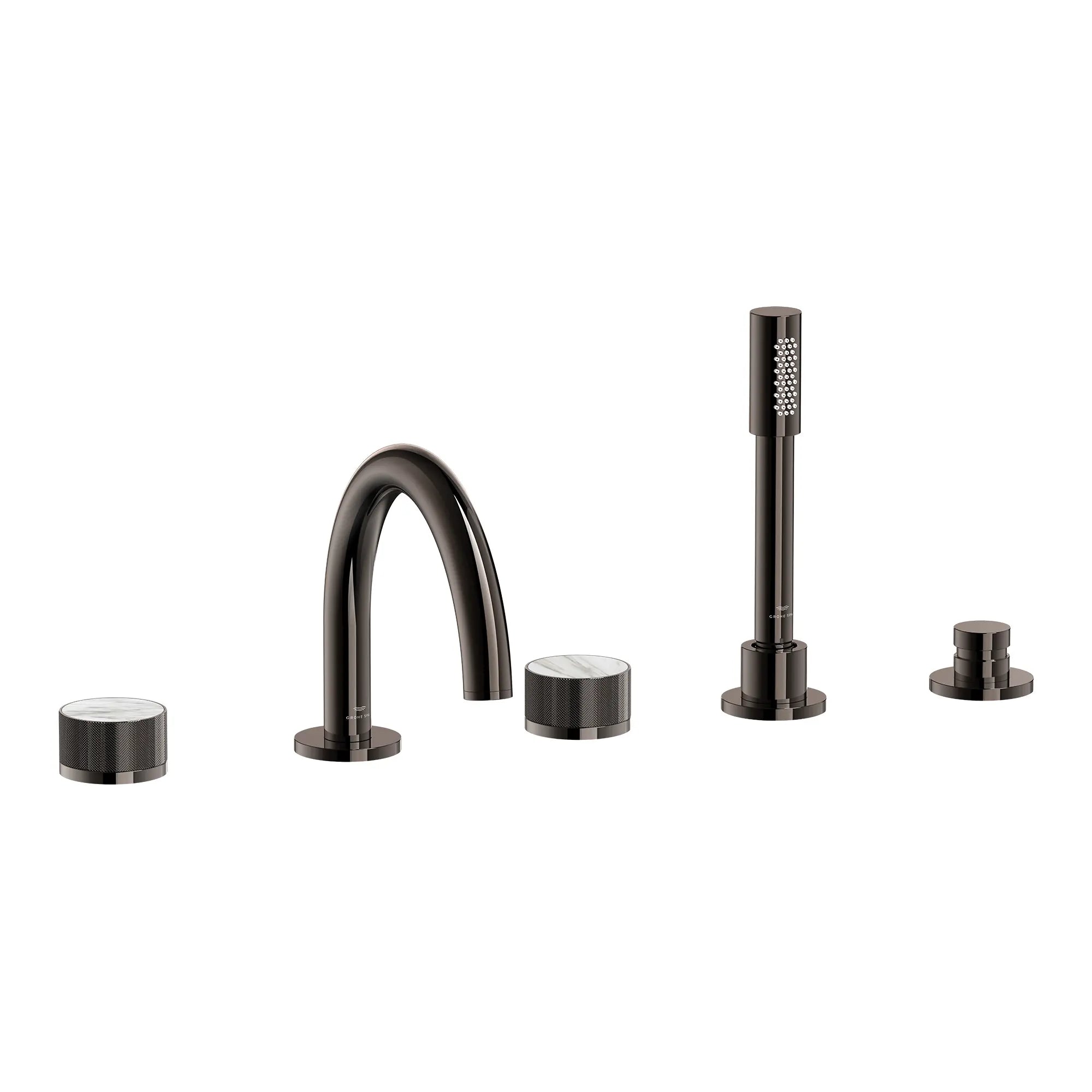 Atrio Private Collection 5-Hole 2-Handle Deckmount Tub Filler with Knob Handles with 1.75 GPM Hand Shower // HARD GRAPHITE // 285338_Atrio_PC_SiloRight_105350A000_46462A000_0001_APRIL2026_0_CDNwebp.webp