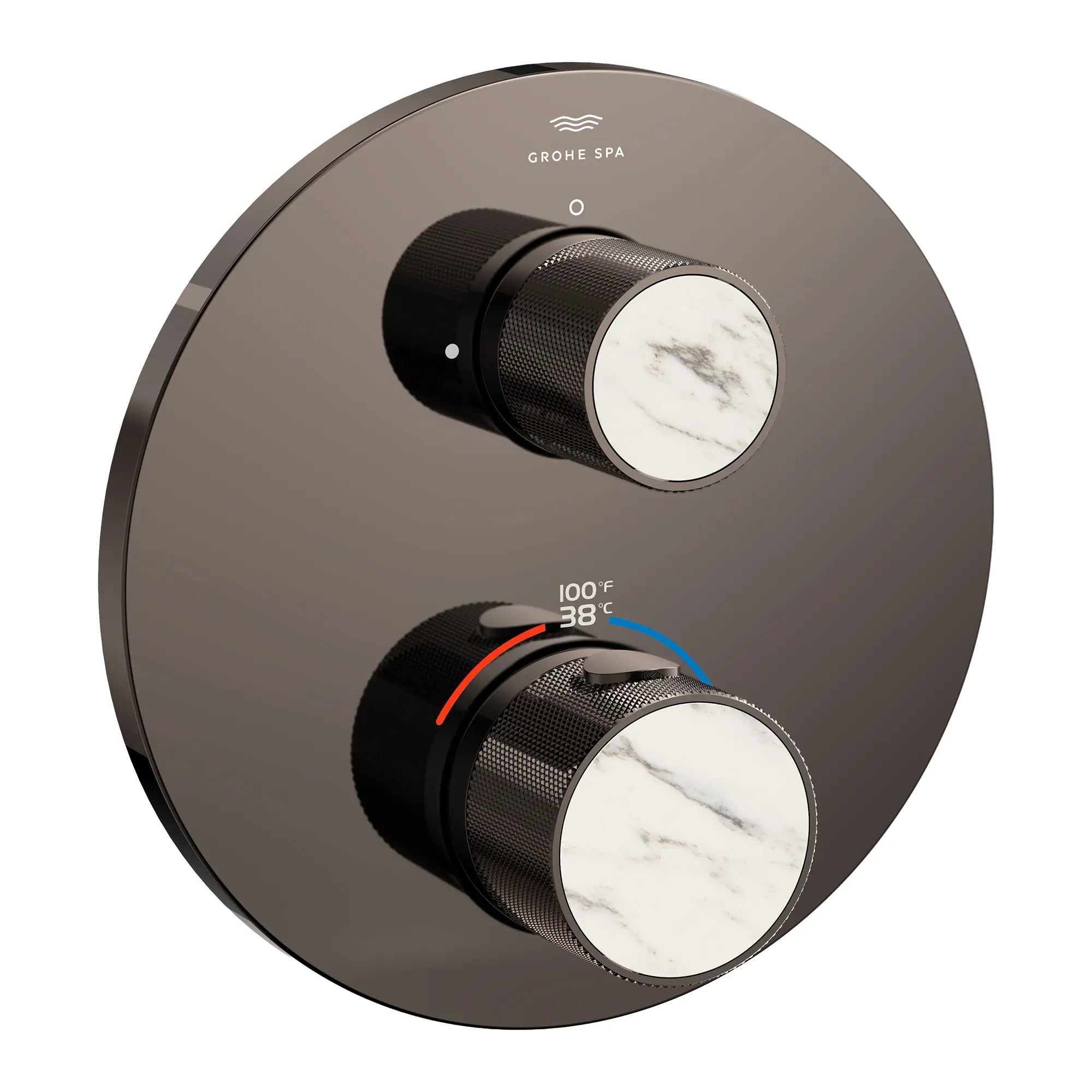 Atrio Private Collection Dual Function 2-Handle Thermostatic Valve Trim with Control Module with Knob Handles // HARD GRAPHITE // 285348_Atrio_PC_SiloRight_105366A000_48466A000_0001_APRIL2026_0_CDNwebp.webp