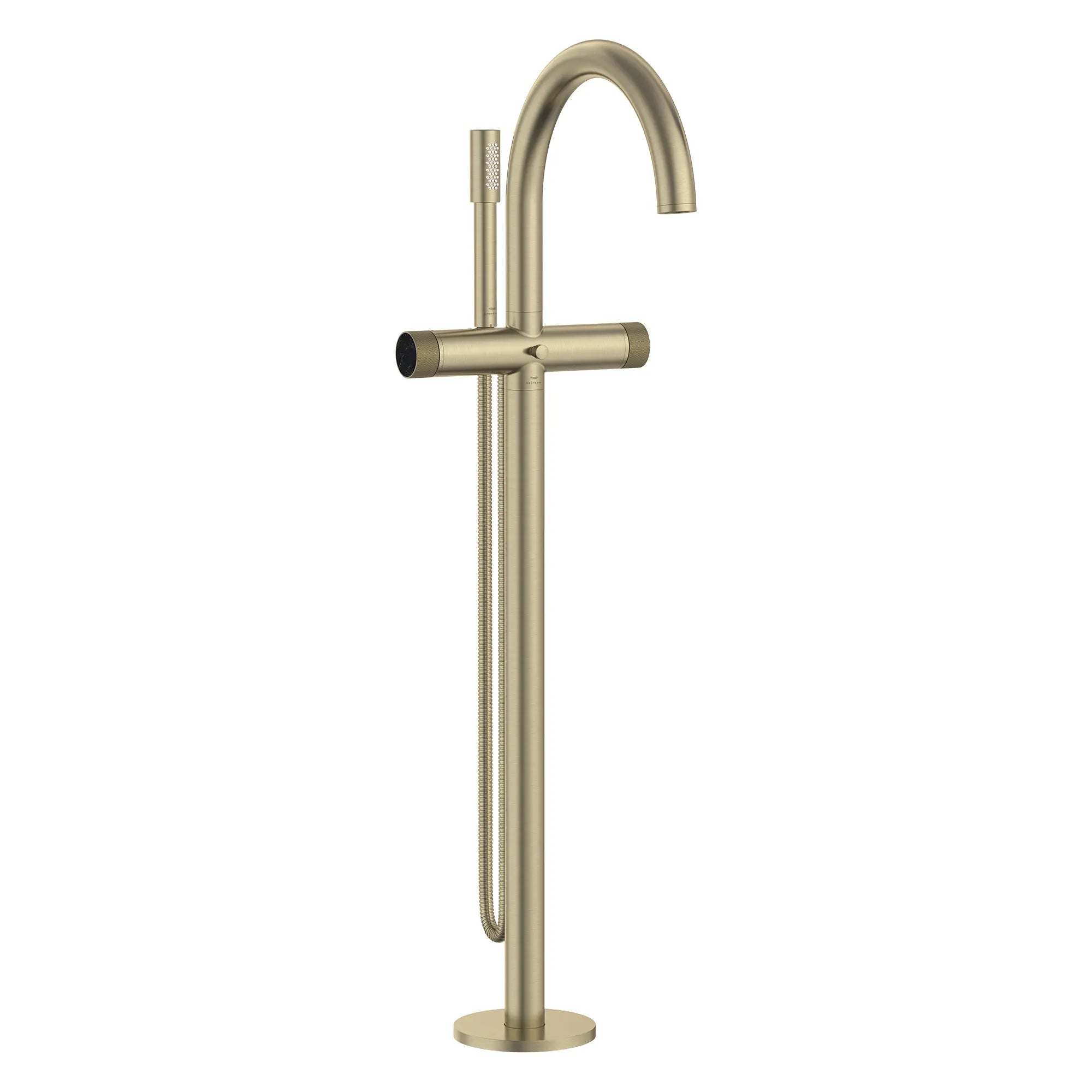 Atrio Private Collection 2-Handle Free Standing Tub Filler with Knob Handles, with 1.75 GPM Hand Shower // BRUSHED NICKEL INFINITYFINISH // 285356_Atrio_PC_SiloRight_105772EN0_48461EN0_0001_APRIL2026_0_CDNwebp.webp
