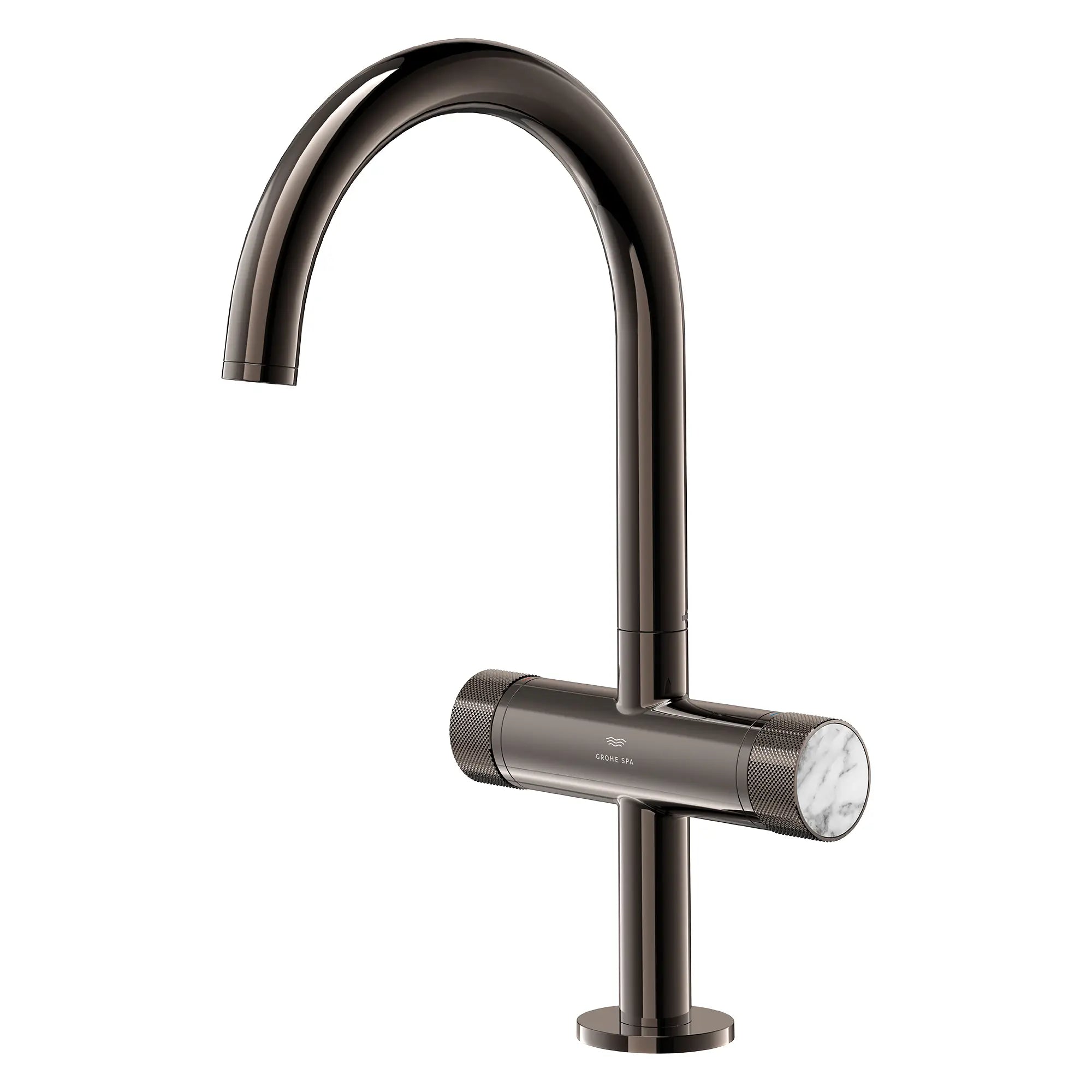Atrio Private Collection Single Hole 8-Inch Widespread 2-Handle L-Size Bathroom Faucet with Knob Handles, 1.2 GPM (4.5 L/min) // HARD GRAPHITE // 285417_Atrio_SiloLeft_105337A000_48456A000_0001_MARCH2026_0_CDNwebp.webp