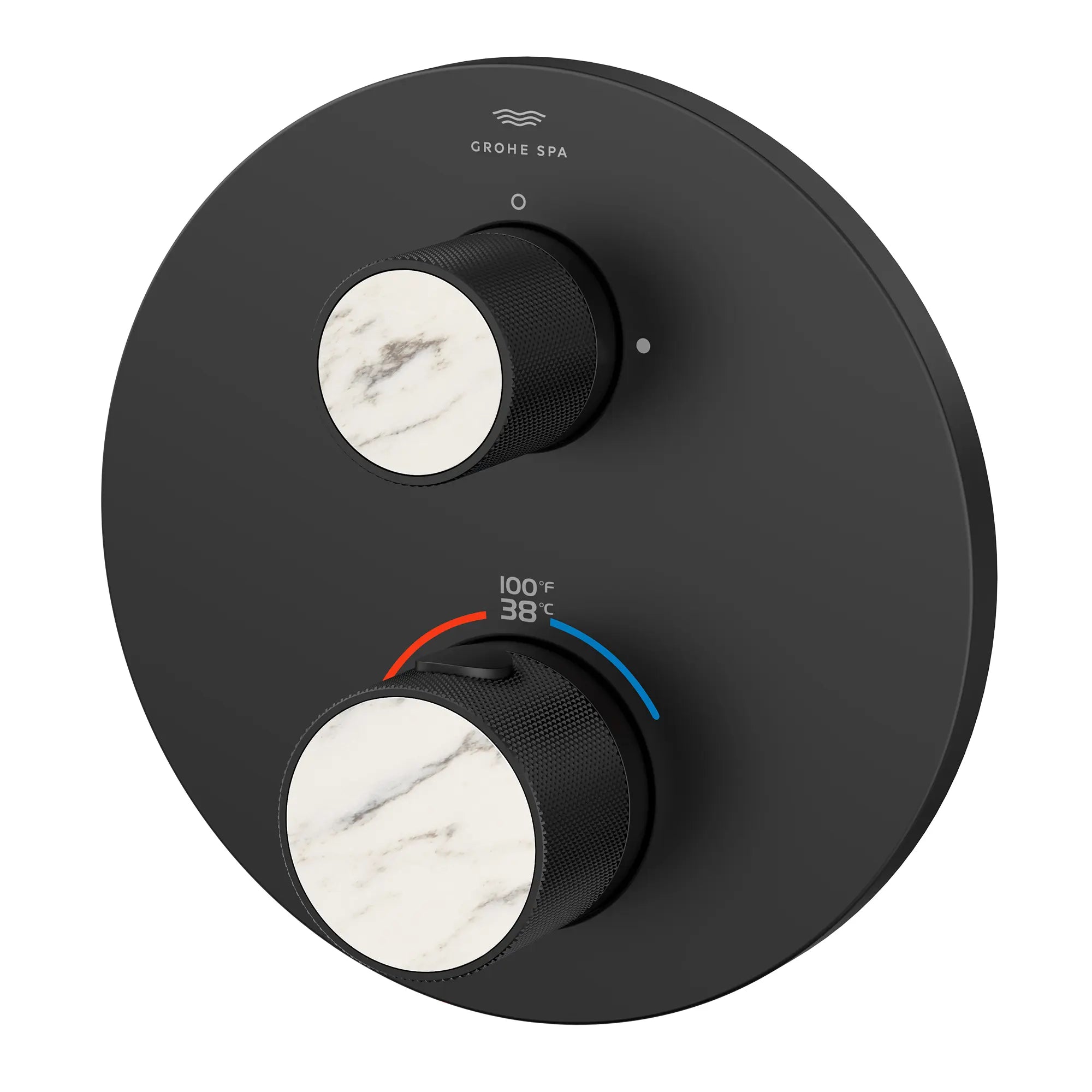 Atrio Private Collection Dual Function 2-Handle Thermostatic Valve Trim with Control Module with Knob Handles // MATTE BLACK // 286478_Atrio_PC_SiloLeft_1053662430_484662430_0001_APRIL2026_0_CDNwebp.webp
