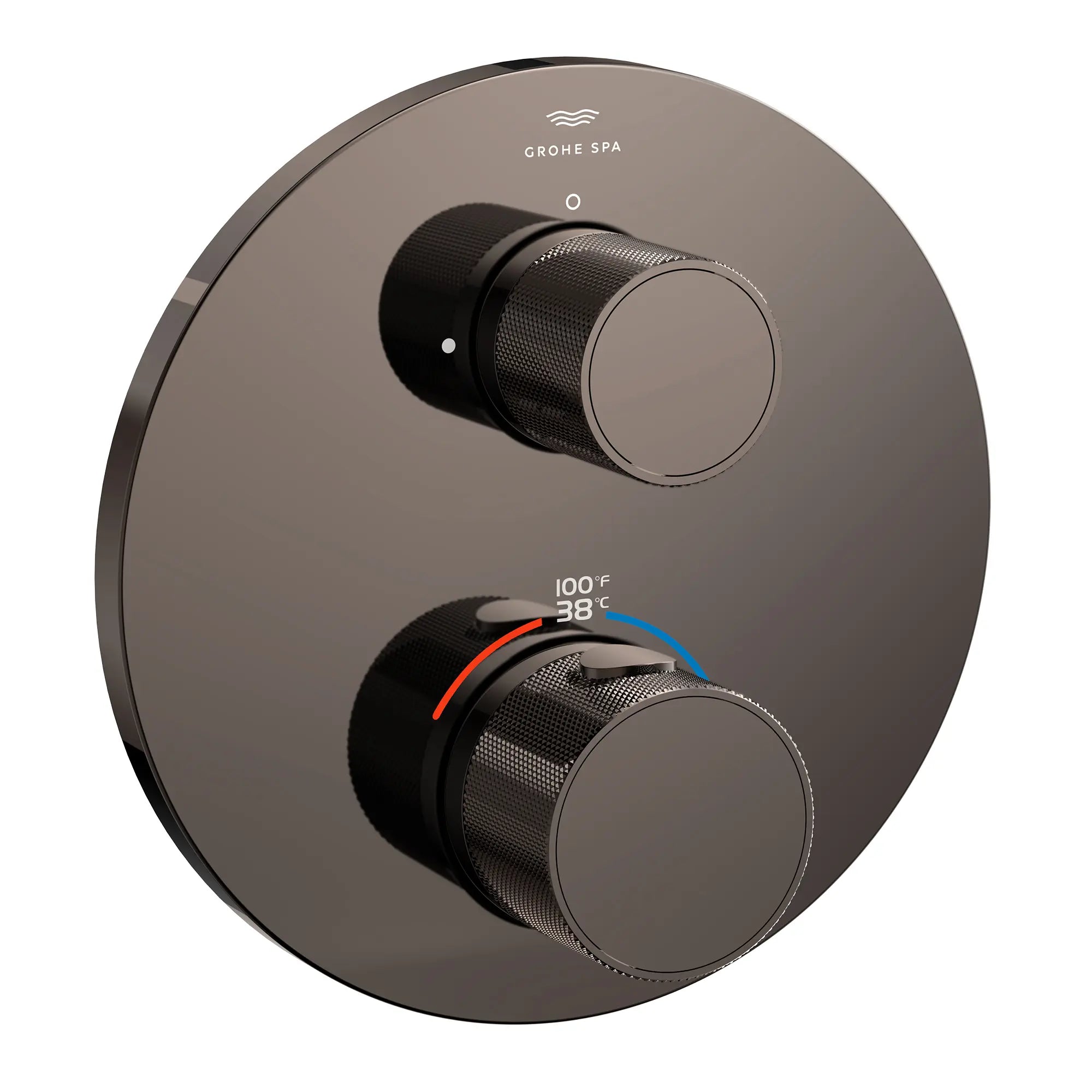 Atrio Private Collection Dual Function 2-Handle Thermostatic Valve Trim with Control Module with Knob Handles // HARD GRAPHITE // 286514_Atrio_PC_SiloRight_105366A000_0001_APRIL2026_0_CDNwebp.webp