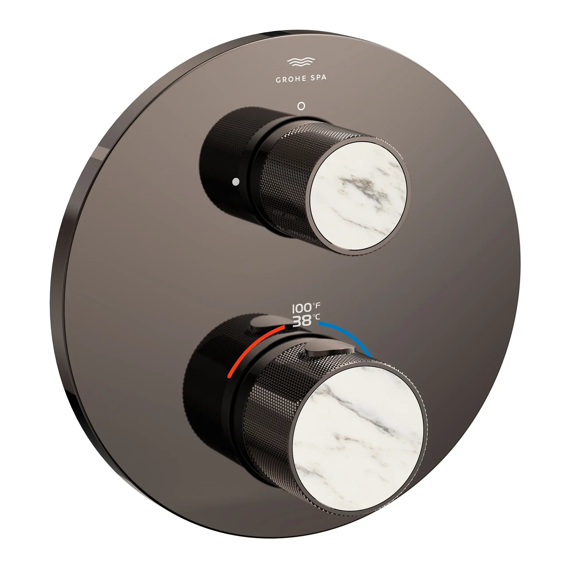Atrio Private Collection Dual Function 2-Handle Thermostatic Valve Trim with Control Module with Knob Handles // HARD GRAPHITE // 286516_Atrio_PC_SiloRight_105366A000_48466A000_0001_APRIL2026_0_CDNwebp.webp