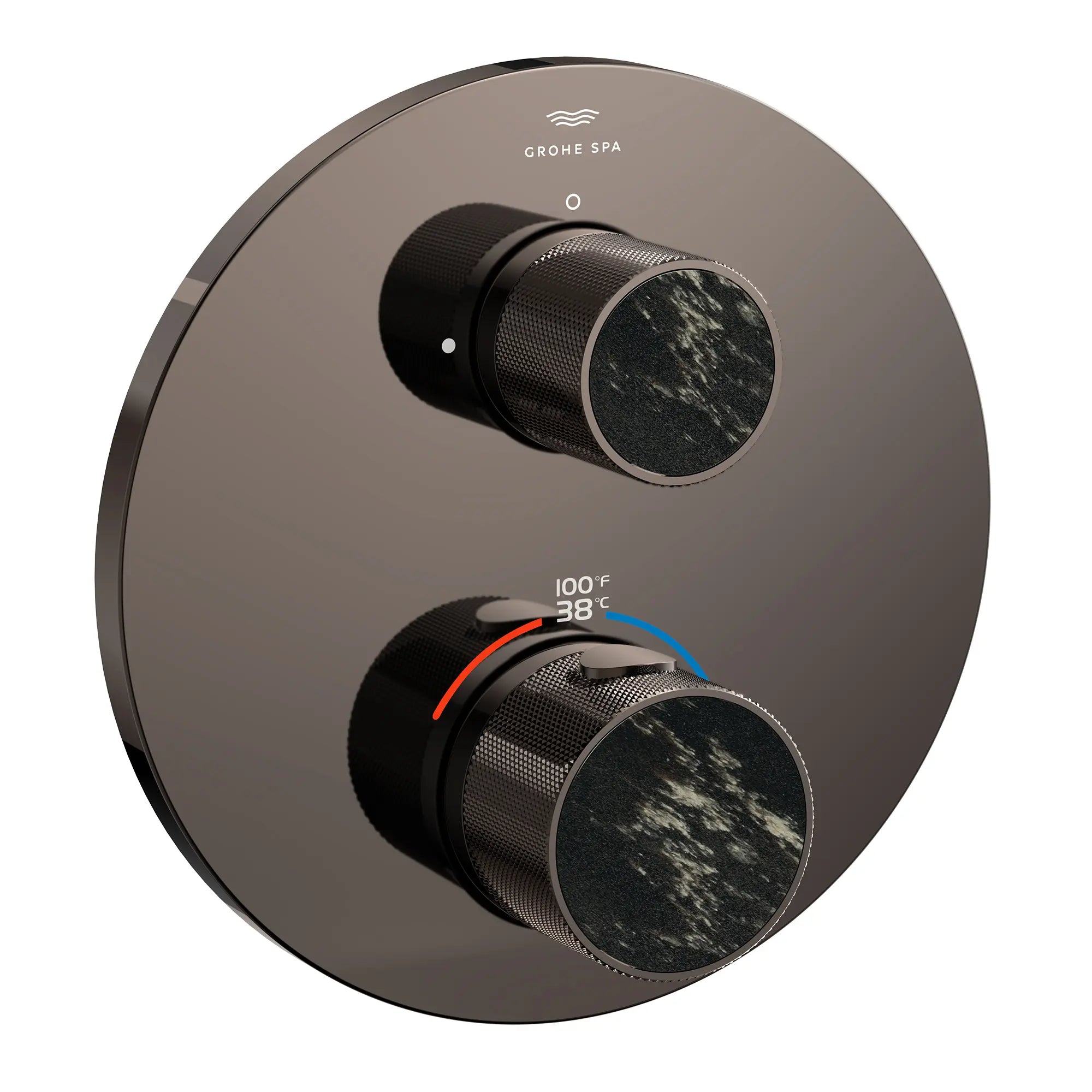 Atrio Private Collection Dual Function 2-Handle Thermostatic Valve Trim with Control Module with Knob Handles // HARD GRAPHITE // 286517_Atrio_PC_SiloRight_105366A000_48467A000_0001_APRIL2026_0_CDNwebp.webp