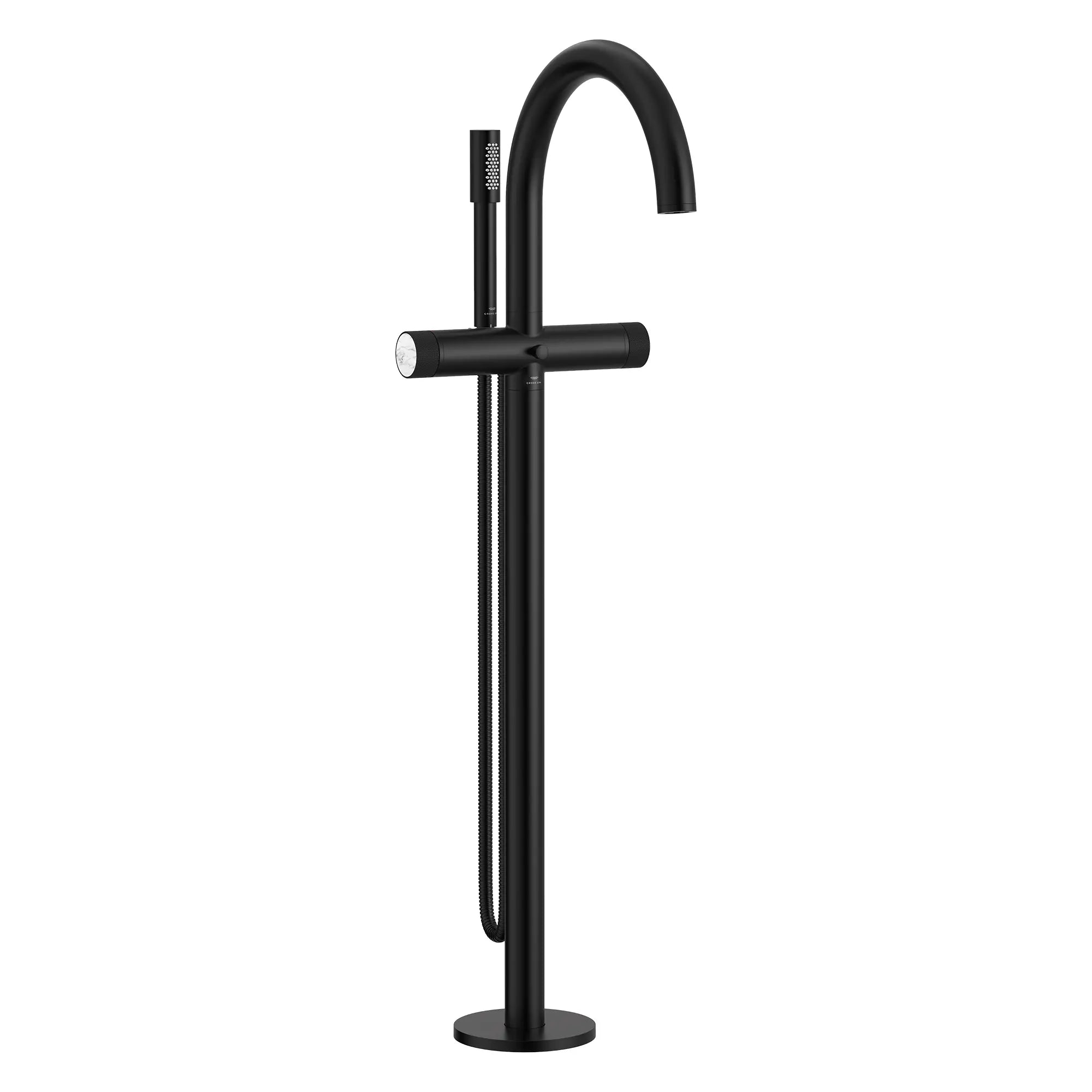 Atrio Private Collection 2-Handle Free Standing Tub Filler with Knob Handles, with 1.75 GPM Hand Shower // MATTE BLACK // 286531_Atrio_PC_SiloRight_105772243_48460243_0001_APRIL2026_0_CDNwebp.webp