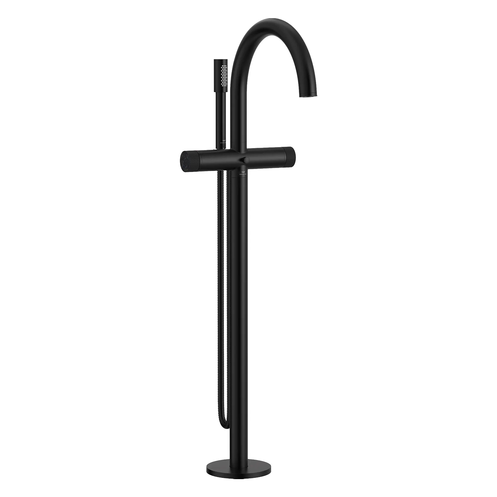 Atrio Private Collection 2-Handle Free Standing Tub Filler with Knob Handles, with 1.75 GPM Hand Shower // MATTE BLACK // 286532_Atrio_PC_SiloRight_105772243_48461243_0001_APRIL2026_0_CDNwebp.webp