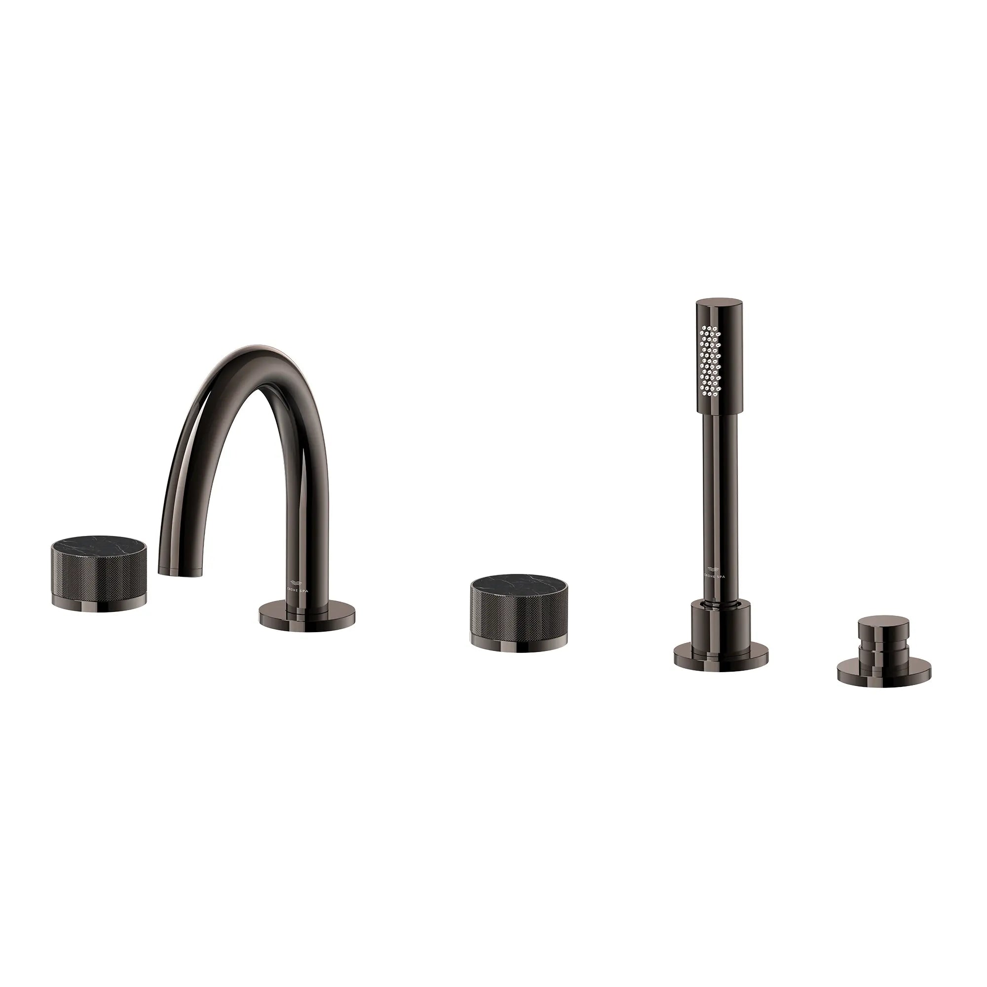 Atrio Private Collection 5-Hole 2-Handle Deckmount Tub Filler with Knob Handles with 1.75 GPM Hand Shower // HARD GRAPHITE // 286578_Atrio_PC_SiloLeft_105350A000_46463A000_0001_APRIL2026_0_CDNwebp.webp
